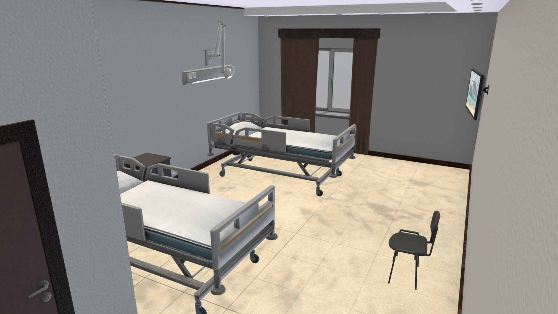 Interior for your game about the hospital.
Pack includes:
-Hospital room
-Hospital bed
-Chair
-Bedside table
-TV
-The lamp over the bed can rotate

models windows and door you can open 3d model