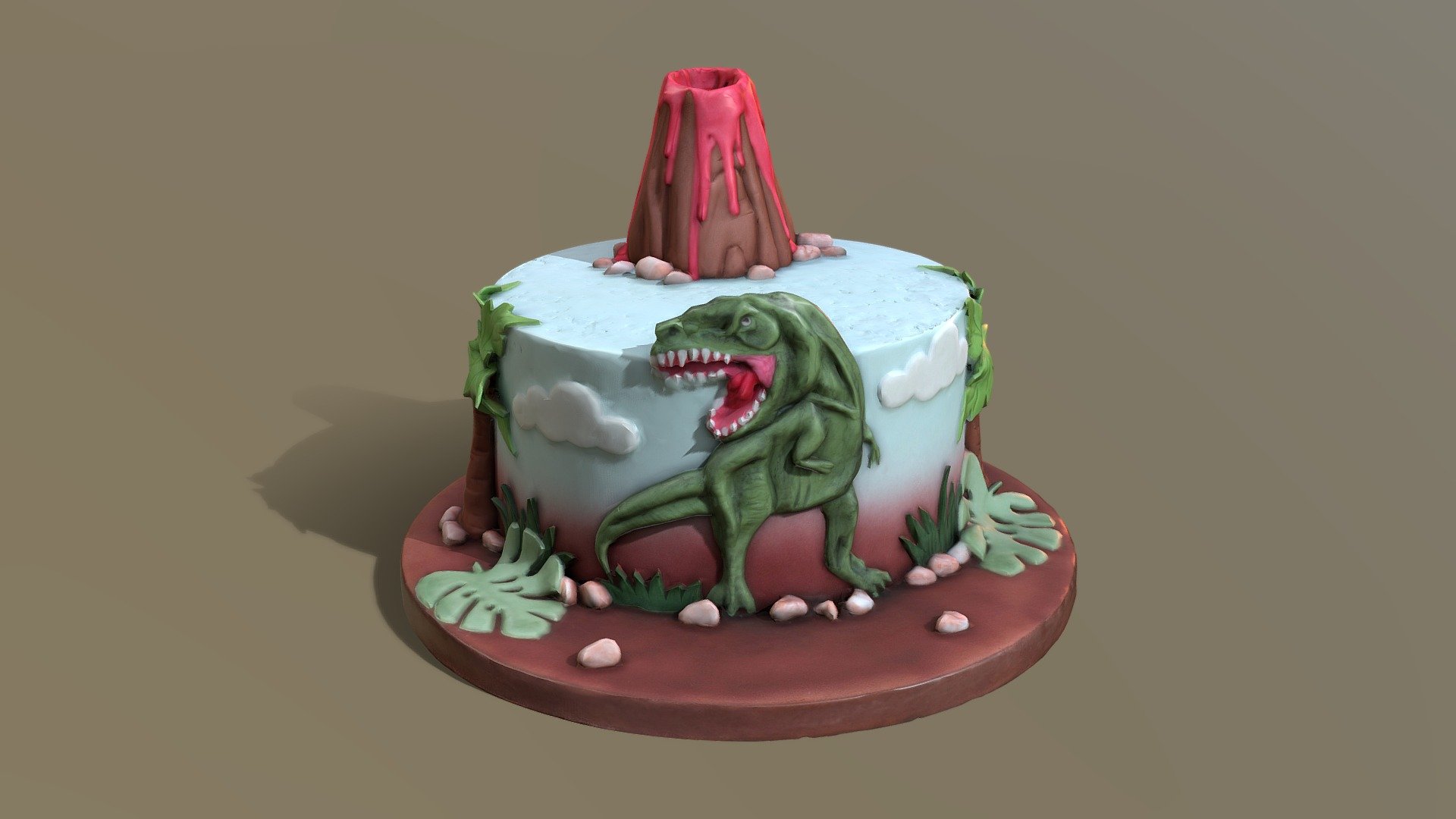 This T-Rex Dinosaur Volcano Cake model was created using photogrammetry which is made by CAKESBURG Premium Cake Shop in the UK. You can purchase real cake from this link: https://cakesburg.co.uk/products/t-rex-volcano-cake?_pos=8&amp;_sid=0faea4351&amp;_ss=r

Textures 4096*4096px PBR photoscan-based materials Base Color, Normal Map, Roughness) - T-Rex Dinosaur Volcano Cake - Buy Royalty Free 3D model by Cakesburg Premium 3D Cake Shop (@Viscom_Cakesburg) 3d model