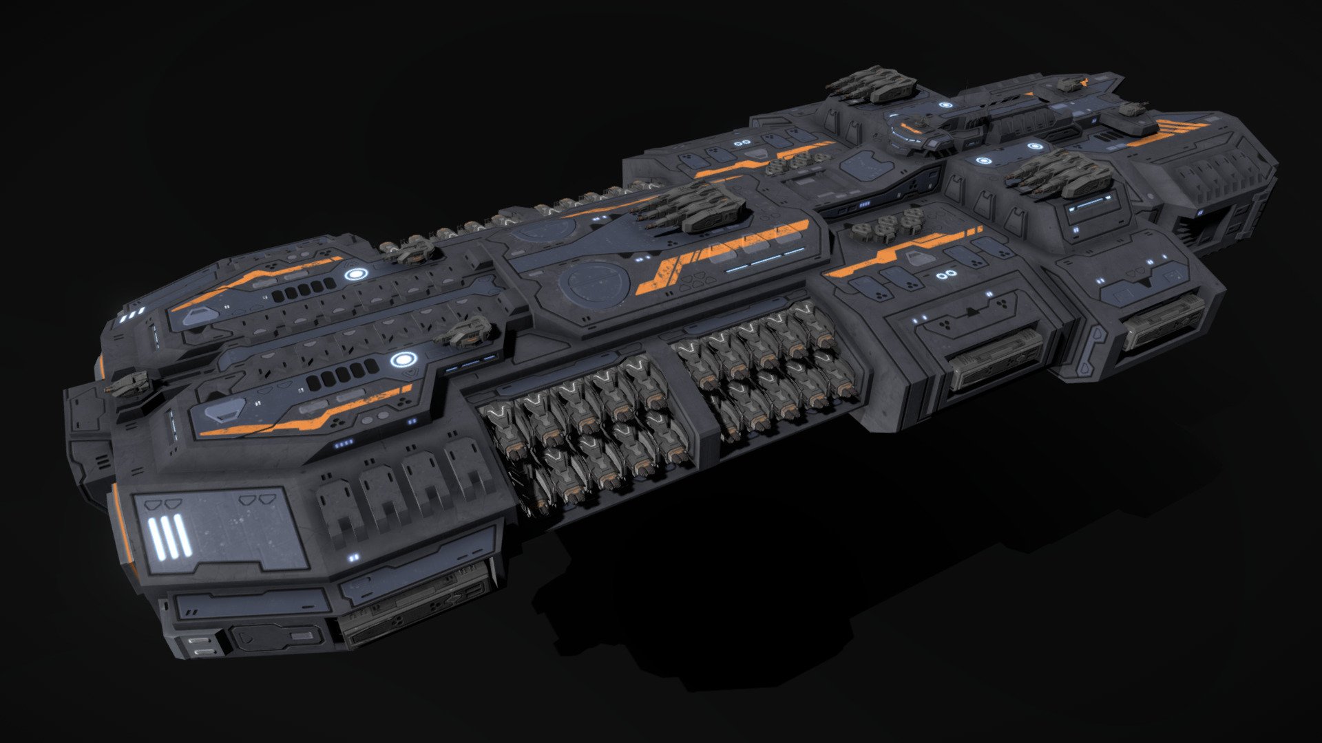 This is a model of a low-poly and game-ready scifi spaceship. 

The weapons are separate meshes and can be animated with a keyframe animation tool. The weapon loadout can be changed as well.

The model comes with several differently colored texture sets. The PSD file with intact layers is included too.

Please note: The textures in the Sketchfab viewer have a reduced resolution to improve Sketchfab loading speed.

If you have bought this model please make sure to download the “additional files”. Those include FBX and OBJ meshes, full resolution textures and the source PSDs with intact layers. The meshes are separate and can be animated (e.g. firing animations for gun barrels, rotating turrets, etc) 3d model