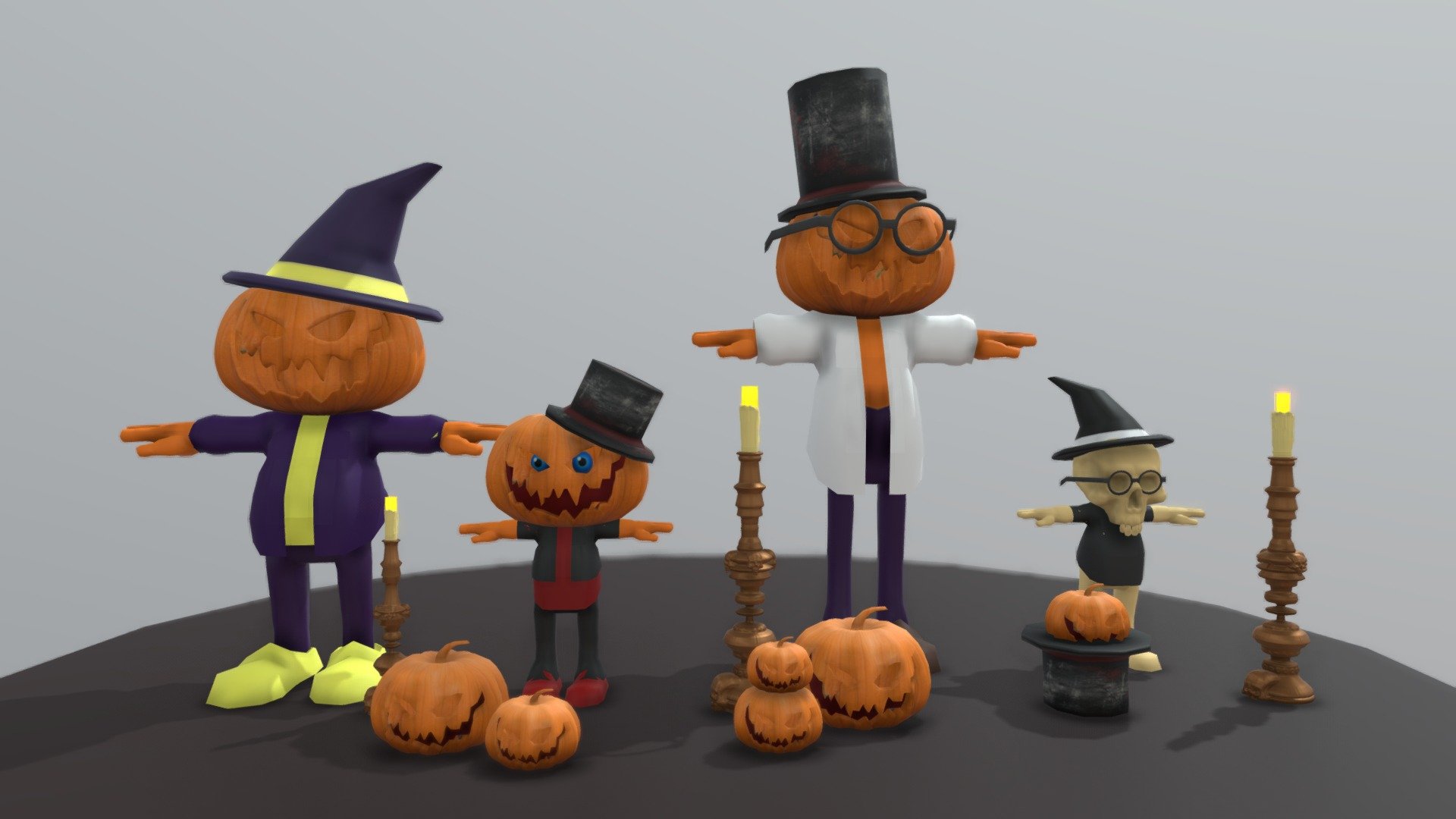This is a Halloween characters pack. It is low poly/high poly models . It is made in Autodesk Maya 2018 and texturized, iluminated and rendered in Arnold 2018. It includes: three pumpkins characters (the two bigs and small characters) and skull character and 3 candeliers and pumpkins as decoration on the floor  . This model can be used for any type of work as: low poly or high poly project, videogame, render, video, animation, film&hellip;

This contains all the textures of the model. Also there is a .mb maya file , .obj and .fbx file

I hope you like it, if you have any doubt or any question about it contact me without any problem! I will help you as soon as possible, if you like it I will aprecciate if you could give your personal review! Thanks! - Halloween Pack - Buy Royalty Free 3D model by Ainaritxu14 3d model