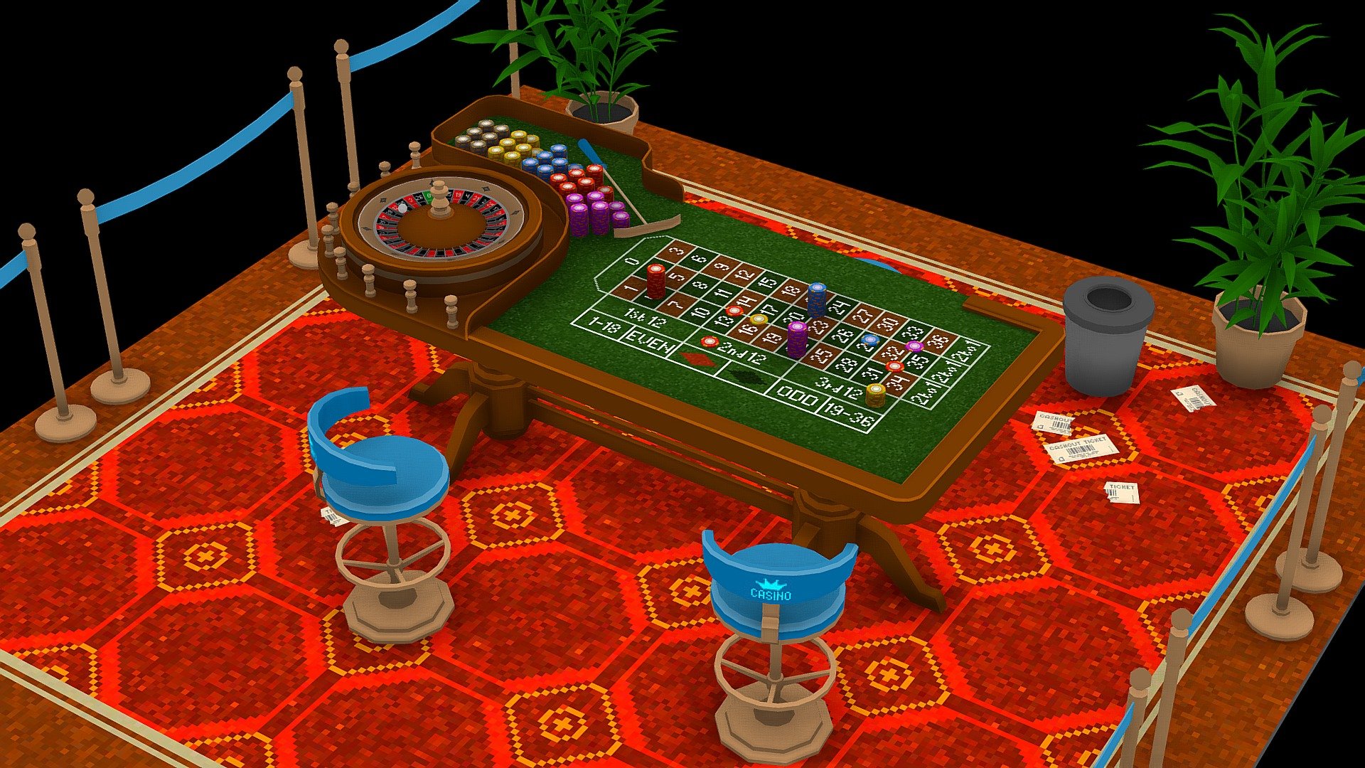 Casino interior is a highly optimized asset for any VR, AR projects, games, mobile games, presentations, animations and more.

Thanks to ideal low-poly models with optimal lightmaps UVs and minimal pixel textures, it can work on any modern mobile devices.

One main texture makes it easy to change the color solution of the entire interior.

More advanced models:

Casino asset on Unreal Engine Marketplace and Unity Asset Store - Casino Roulette - 3D model by Daniil Demchenko (@daniildemchenko) 3d model