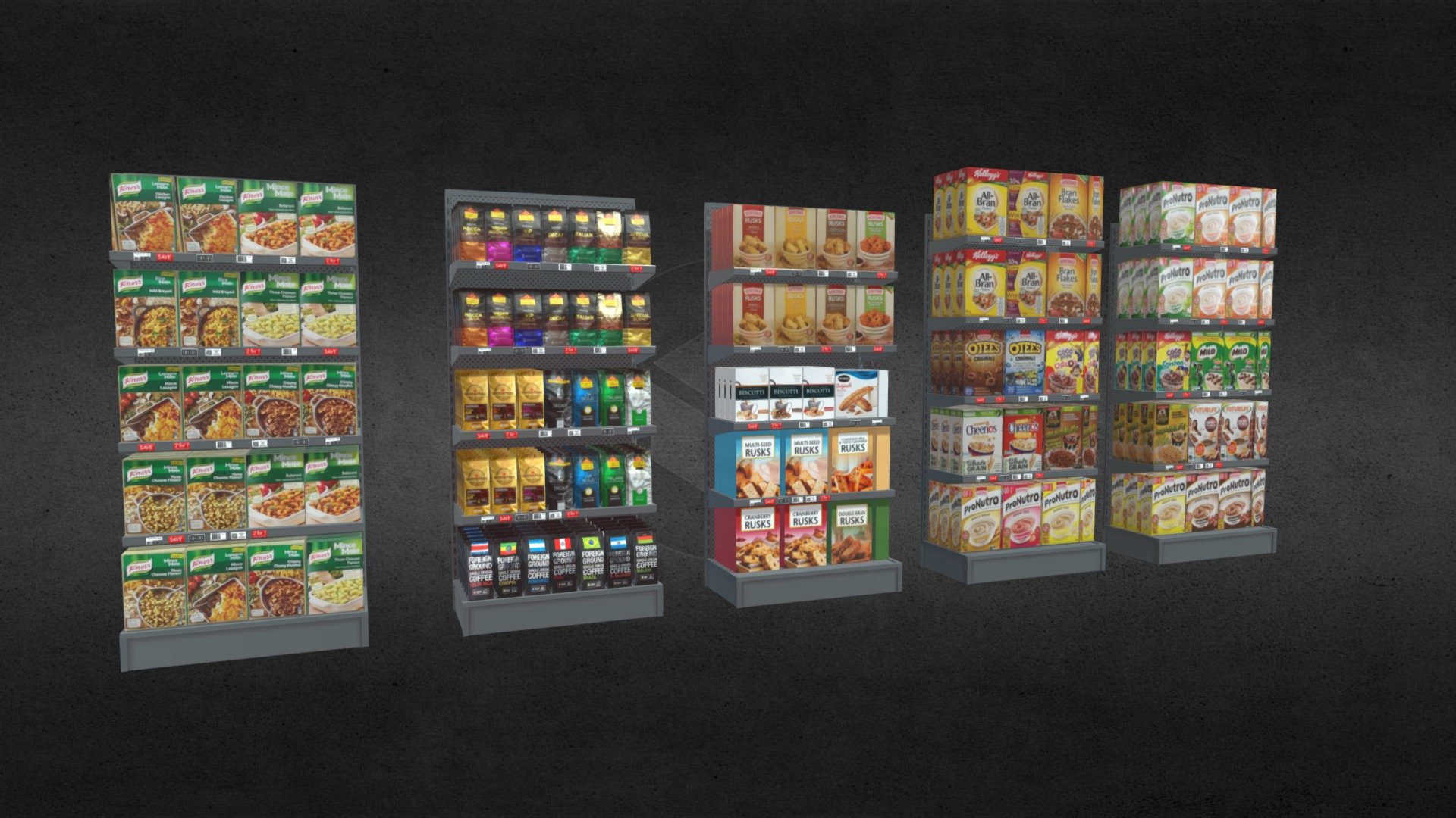 This 3D pack contains supermarket or superstore store interior shelf sections. Use it to assemble various shelving options in the retail environment. 

It includes the following components:

Shelf with coffee
Shelf with Cereal - 1
Shelf with Cereal - 2
Shelf with rusks / Biscotty
Shelf with boxed pasta and sauce / ready meal
Scale: Real world, Metric

File formats:

Blender 2.79 / Cycles - Native
FBX Export - From Max
3DS MAX Autodesk - Scanline V-ray
UVW Texture coordinates: UVW Unwrapped, Mixed - Store Environment Shop Shelves With Stock - Buy Royalty Free 3D model by 3D Content Online (@hknoblauch) 3d model