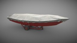 Docked red boat covered red, fishing, dock, cover, 3dscanning, port, photoscan, photogrammetry, lowpoly, low, poly, scan, 3dscan, boat, docked