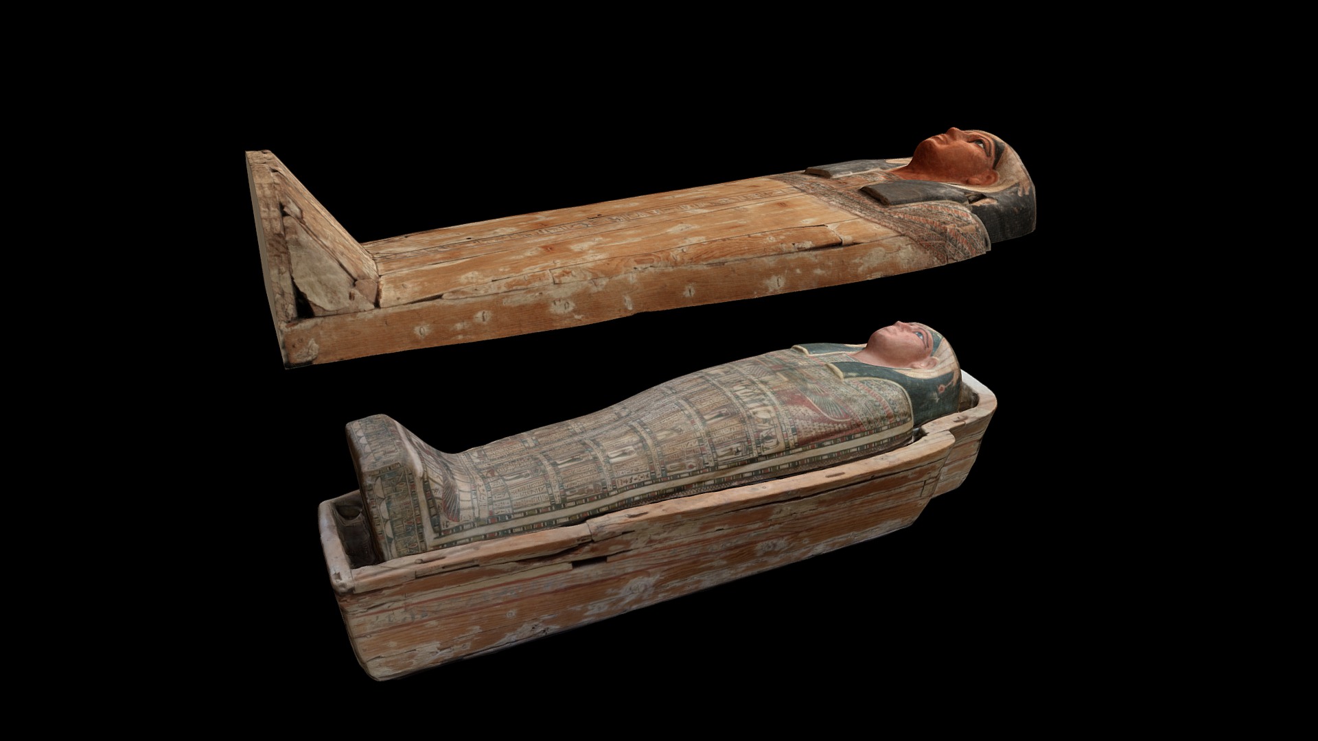 Nested coffins of the Lady Iawttayesheret from the Charlotte Lichirie Collection of Egyptian Art, Michael C. Carlos Museum, Emory University, Atlanta, GA (acc. no. 1999.1.8,a-d).

This model shows the inner and outer coffins of the Lady Iawttayesheret who was a &ldquo;great follower of the Diviine Adoratrice of Amun.