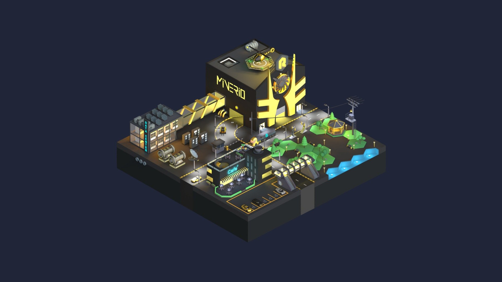 Minerio is a play-to-earn cryptocurrency mining simulator game using the $RIO token.
Lands are places where you can put your miners in a warehouse and start the game.
Also, these lands are the places to provide utility and infrastructure like networks and power, and security. You pay rent to use lands. Therefore, buying a land NFT to start playing the game is unnecessary 3d model