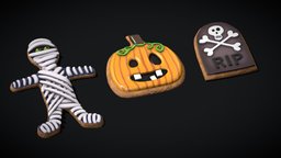 Halloween Cookies Set Three food, cake, tombstone, cookies, cookie, mummy, holiday, sweet, bakery, icing, sugarcookie, 3d, pbr, lowpoly, shop, halloween, pumpkin, tomb, baked-goods