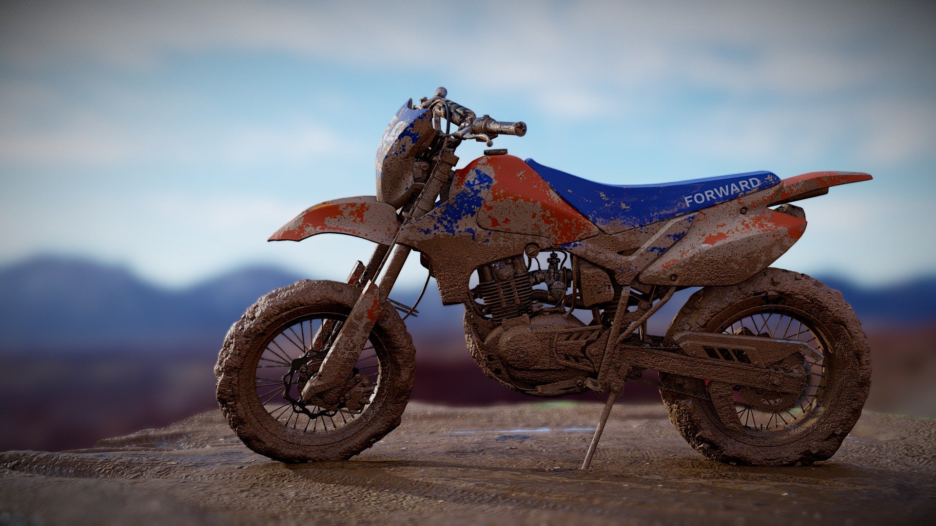 Maya, Substance

The ground taken from this model:
https://sketchfab.com/3d-models/mood-road-7f49ac7ade0f4cb4ad3640a2d98ff353 - Dirt Bike Muddy - Buy Royalty Free 3D model by Eugene Korolev (@eugene.korolev) 3d model