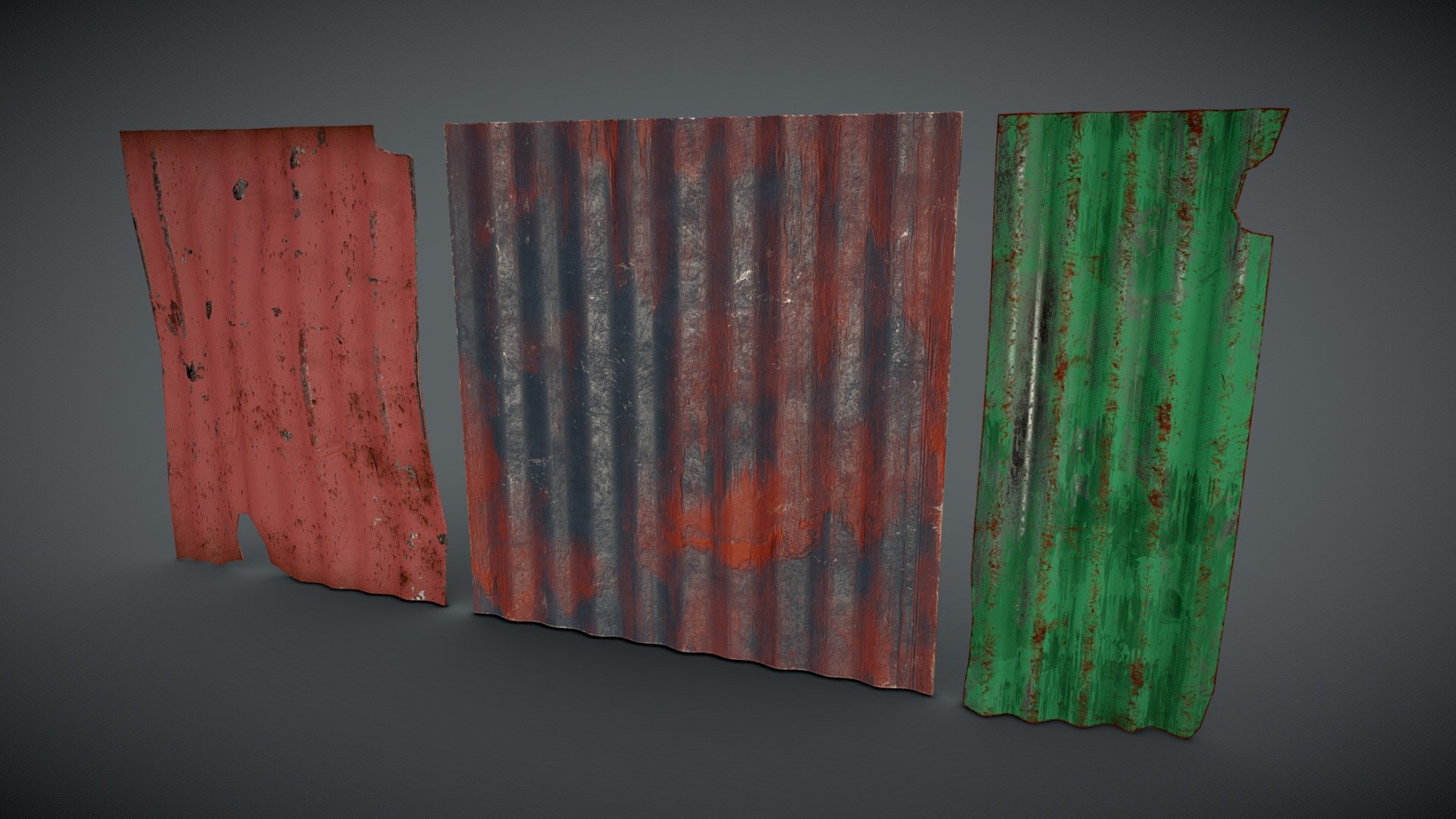 Simple corrugated sheets.  Useful to scatter around some sort of apocalyptic/run down enviroment. 

2k PBR textures.  Amy requests let me know 3d model