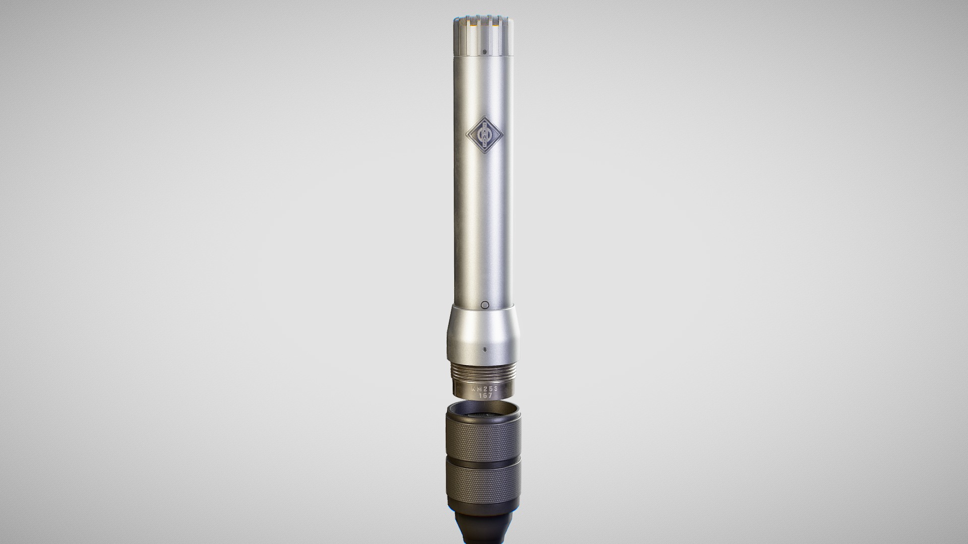 3D model based on reference pictures of the Neumann KM253 microphone.

Modeled with Blender 2.8 Beta. Textures created with Substance Painter.

Purchasing this model will grant you access the version in this viewer (with Bevel modifier) and a Low-Poly version (without Bevel modifier).

Textures are in 4K PBR format 3d model