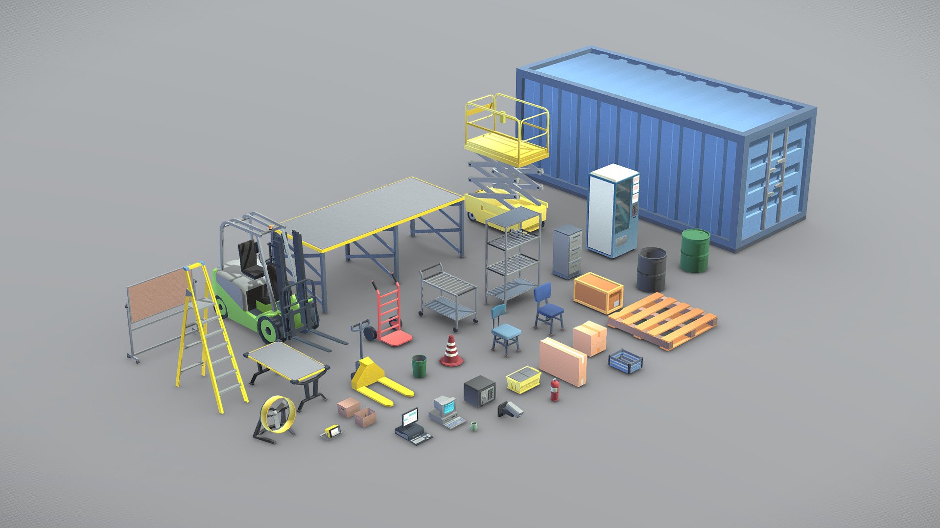Low Poly Warehouse Props For Games

These objects are suitable for video games for PC and Mobile.
The objects have one common material and only one texture. Optimized use of hardware resources.
Objects have a second UV channel for lightmap 3d model