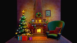 Sketchfab Weekly tree, scene, fireplace, seat, deco, christmas, diorama, fire, mood, tartan, week, gifts, 46, sketchfabweeklychallenge, stylized, decoration, fantasy, environment