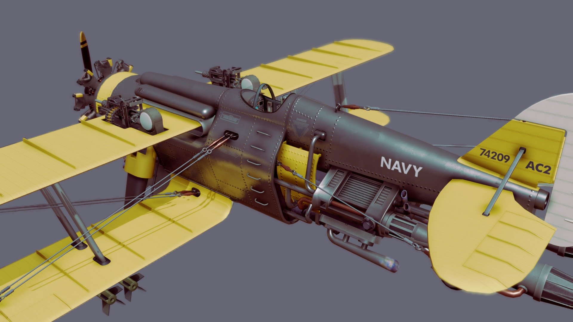 This was a dieselpunk inspired bi-plane I created for a game concept/prototype a few years back.

It started out as a low poly model but was never finished.  To finally finish it I decided to add lots of new detail as well as completely re-texture it, adding additional maps that our game engine didn't support at the time (like normal maps).

It includes a fully modelled cockpit (which would have been interactive had the game ever been made), and a detailed rotary engine; both of which have their own set of texture maps so will be easy to reuse in other projects.

Included in the optional download are all uncompressed texture maps in PNG format (diffuse, AO, roughness, metallic, and normal), as well as quadrangular and triangulated versions of the mesh.

If you purchase this model then please send me a message to tell me about your project, I'd love to see what you create with it! - Dieselpunk Bi-Plane - Buy Royalty Free 3D model by se7en23 3d model