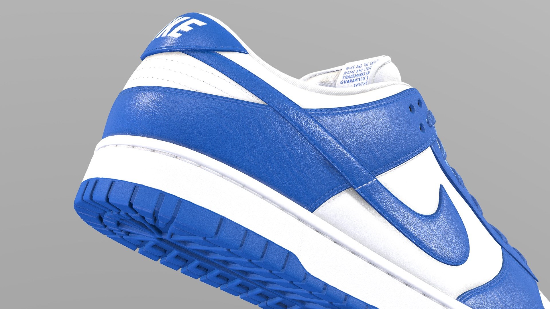 Nike Dunk Low in the Kentucky Colourway. Every detail was made in the recreation of this shoe, from the text on the medial side of the shoe to the subtlety of each material, nothing went overlooked. Stitches were sculpted by hand to achieve the highest quality

What's included




Blender file with linked textures

FBX and OBJ versions

OneMesh version

All 4k textures

Model Features

The upmost care went into crafting this model. As a result it is subdivision ready. The model was unwrapped with efficiency in mind. Both left and right shoes are mostly identical, save for logos and text that cannot be mirrored. As such the high detail version of the shoe uses 4 UV maps to cover both of the shoes, with the One mesh version using just the one UV map 3d model