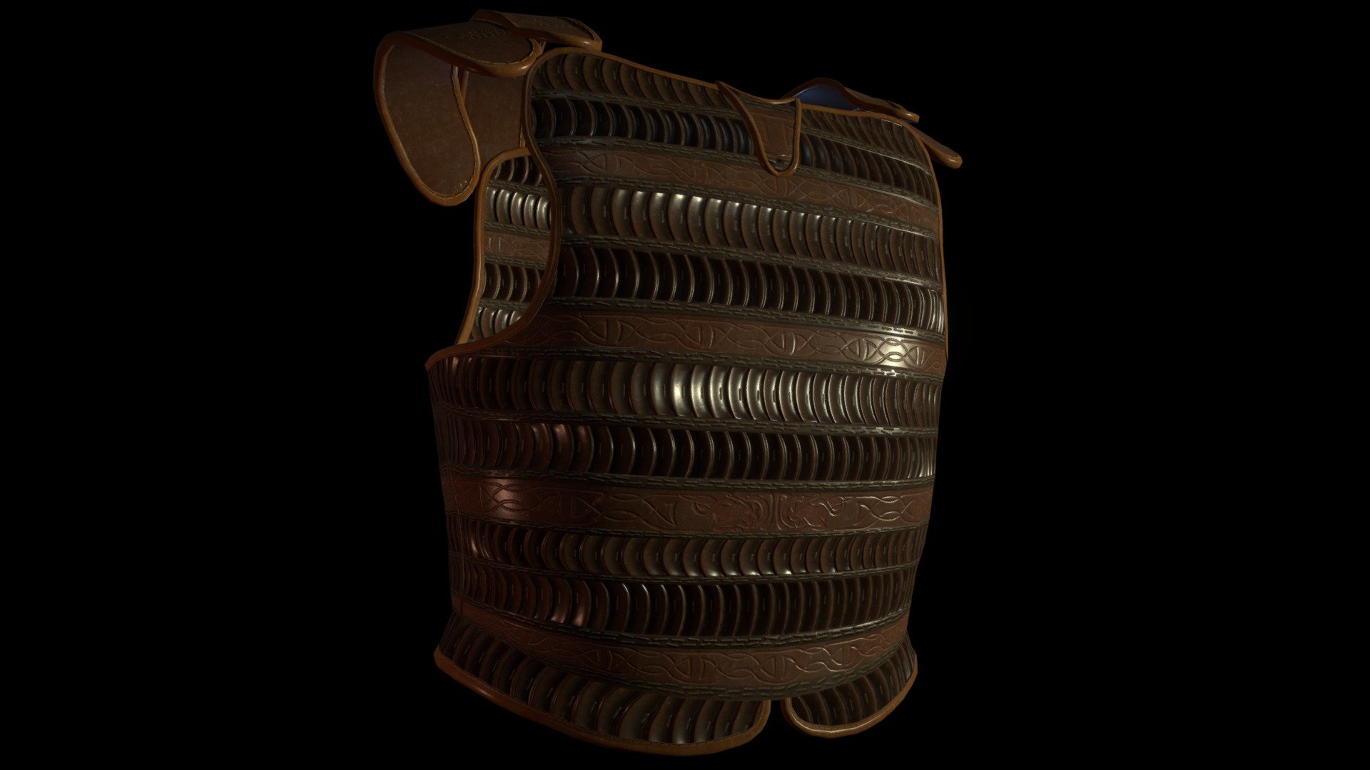 Lamellar armor with multitude plates of leather. As this type of armor is more common in Asia, this often give an oriental aspect to warrior, like Rus' Varangians.

This model have approximativelly 6 700 Vertices, and Shader is composed by Diffuse, Roughness and Normal Map, each one up to 4096px.

Native Fbx file from Blender.

Two UV Sets :
- One with overlapped part to maximize textures projection 
- The second with every UV island proportionnaly Scaled and separated 3d model