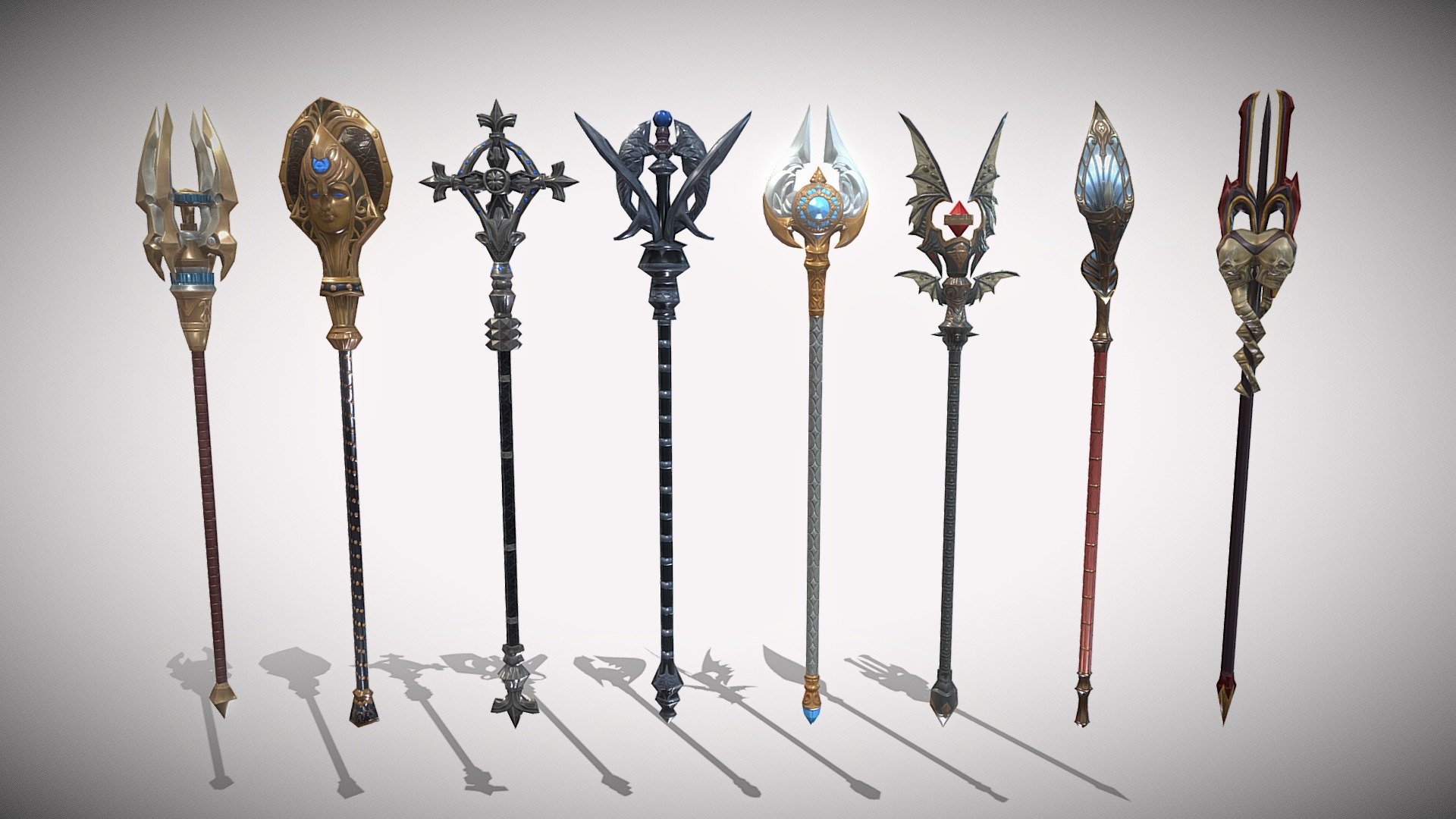 A collection of eight epic battle staffs.




Model: about 700 triangles por model.

Mats: diffuse, normal, occlusion and metallic.

Res: 2048 x 2048.

Each staff includes three bones. The first one (&lsquo;Weapon_Point') is the point to grab it, the second and third bones (&lsquo;FX_Weapon_B' and &lsquo;FX_Weapon_T') can be used to add a trail 3d model