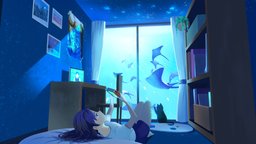 Stay home fish, cat, cute, stingray, 2d, background, illustration, 2dto3d, character, girl, blender