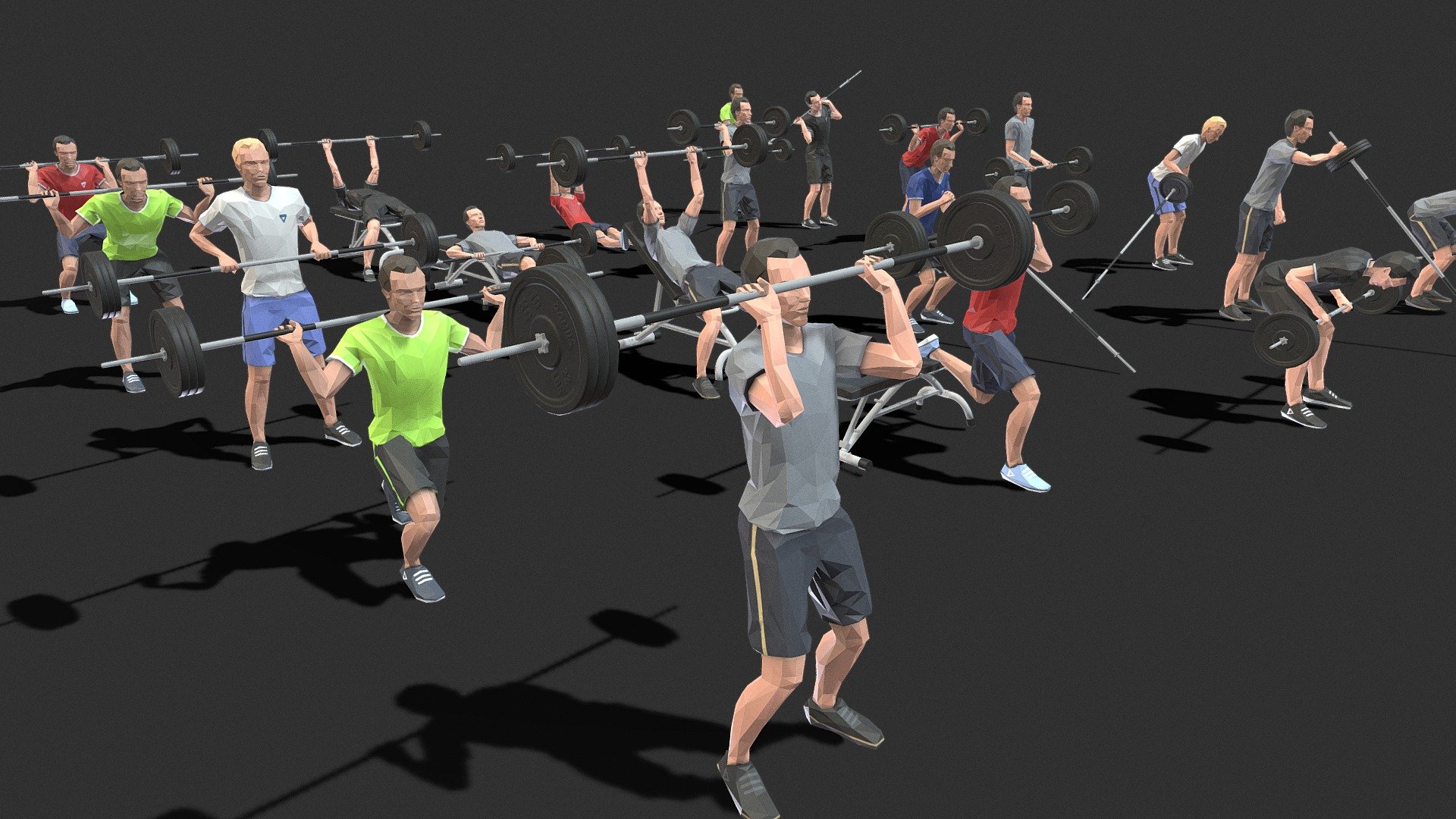 30 unique Barbells Worksou animations of exercise Man 
Low poly 3d model in flat surface style.
Animation created in CAT system.
All animations are exported to FBX files 3d model