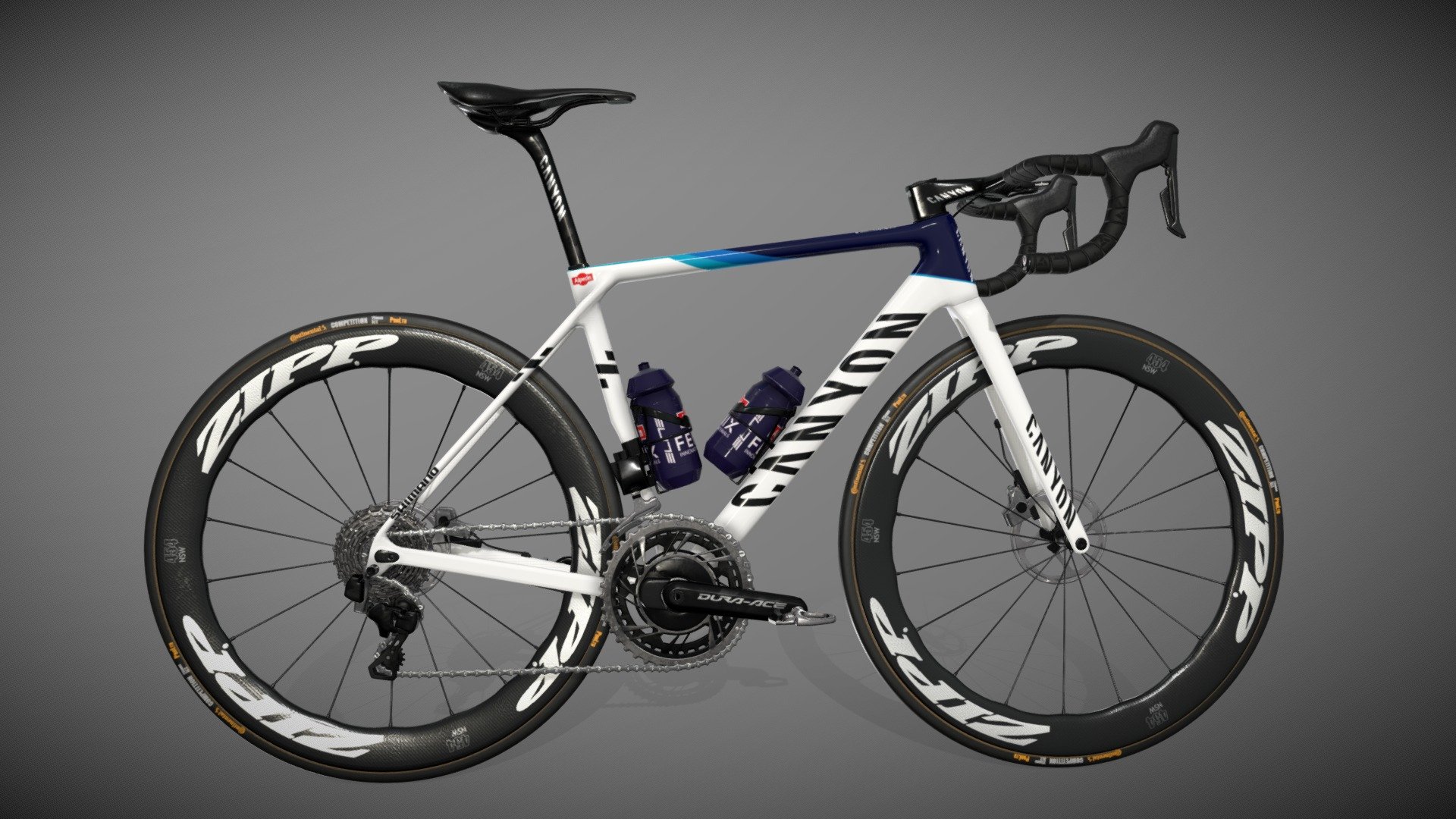 Roadbike Canyon Ultimate CF SLX OF FENIX ALPECIN Mathieu van der Poel

3D model of Canyon Ultimate CF SLX of Mathieu van der Poel FENIX ALPECIN Procycling Team
3D model made in 3ds max and BLENDER, UV in RIZOMUV, textured in Substance painter and photoshop.
Rendered in Marmoset Toolbag. Also in Vray,  CYCLES and sketchfab.
Polys - 292627 
Verts - 295211 - Canyon Ultimate CF SLX FENIX ALPECIN - Buy Royalty Free 3D model by Dav1d- 3d model