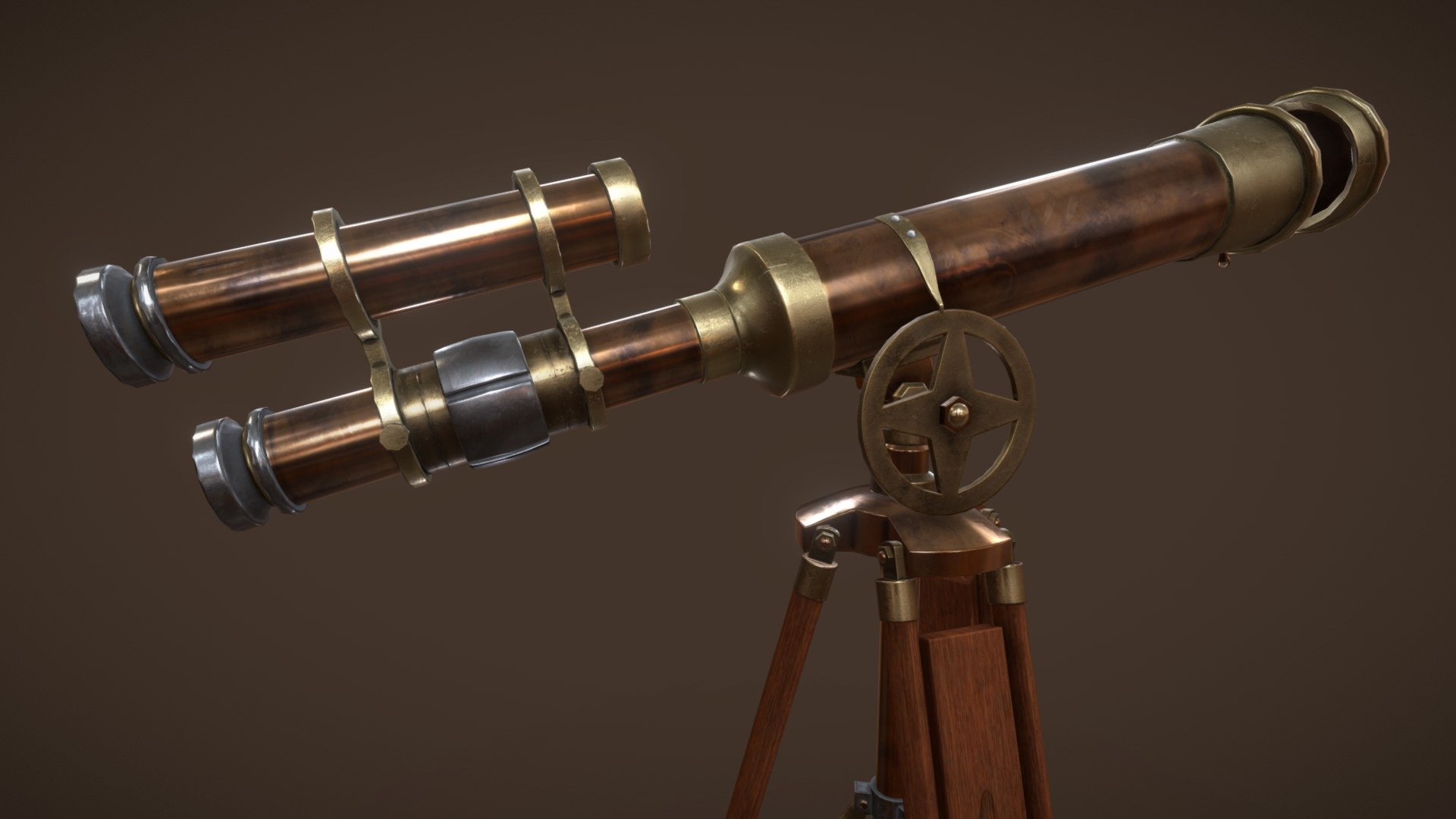 I chose to do this telescope because I wanted to create a model with 3 or 4 different materials (brass, iron, wood, etc) and also a lens so that I could try some subtile fingerprints.
Its still unfinished, I would like to add some details to the wheel, finish those two white screws, add a small chain to connect the lid with the rest of the body and make a simple rig; but I won´t have much free time 3d model
