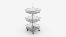 Store Wire Square Baskets 3-tier on Wheels square, product, wheels, stand, shelf, basket, rack, three, store, display, market, equipment, supermarket, wire, metal, shelves, tier, 3d, pbr, shop