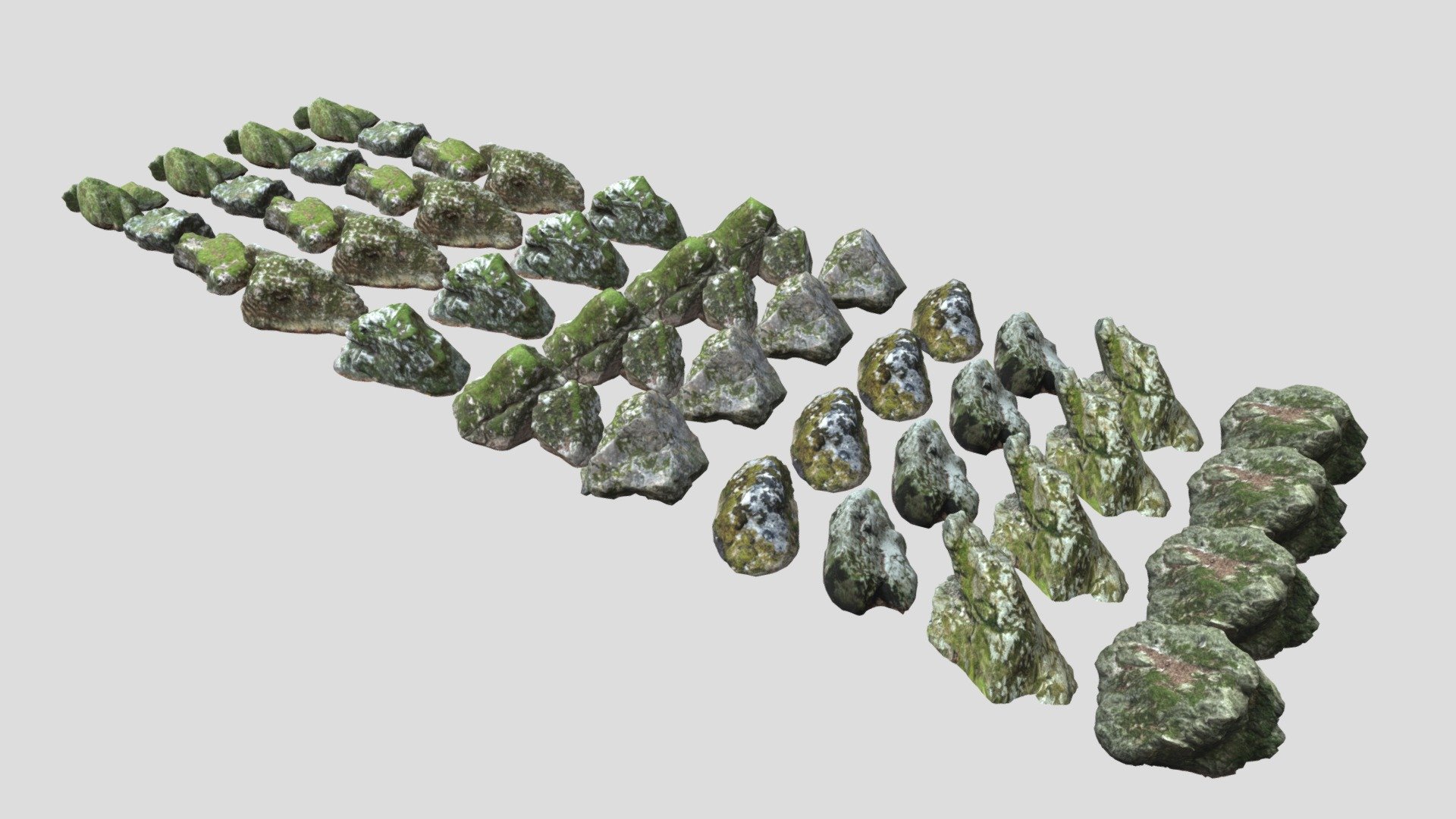 What you get in this pack:
- 11 unique models of mossy rocks from the forest (each with 4 LOD levels, ranging from 2,450 to 120 triangles –&gt; total of 28 models)
- 4k textures (+ 2k normal)

You can easily use these models as game-assets, thanks to the different LOD levels (polycount optimisation for further away models) and the texture atlases (rocks 1,2,3 combined into 1 texture atlas &amp; rocks 4,5,6,7 combine into another single texture atlas).

Enjoy, and happy modeling! - 11 Mossy Rocks Pack - Buy Royalty Free 3D model by atti1234 3d model
