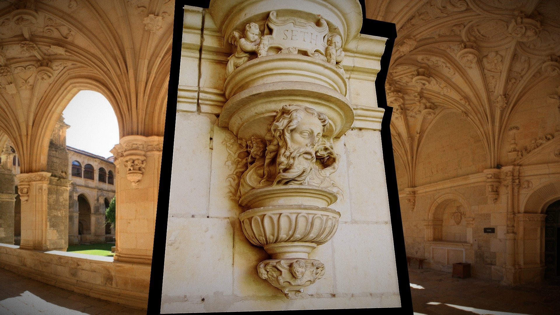 Ménsula del claustro bajo del Real Monasterio de San Zoilo (1537-1577).
Representa a Seth, tercer hijo de Adán, padre de Enós, según el relato bíblico. 

Se trata de una talla de gran calidad atribuida al maestro burgalés Miguel de Espinosa, director de la obra escultórica del claustro. Está situada en la panda este, entre la puerta que da acceso a la sacristía y el nicho que aloja la escultura de Cristo atado a la columna junto a la puerta procesional de la iglesia.

Modelo de prueba en toma rápida.

Clunypedia/Map - Monasterio de San Zoilo - Ménsula de Seth - Download Free 3D model by Zoilo (@iliedom) 3d model