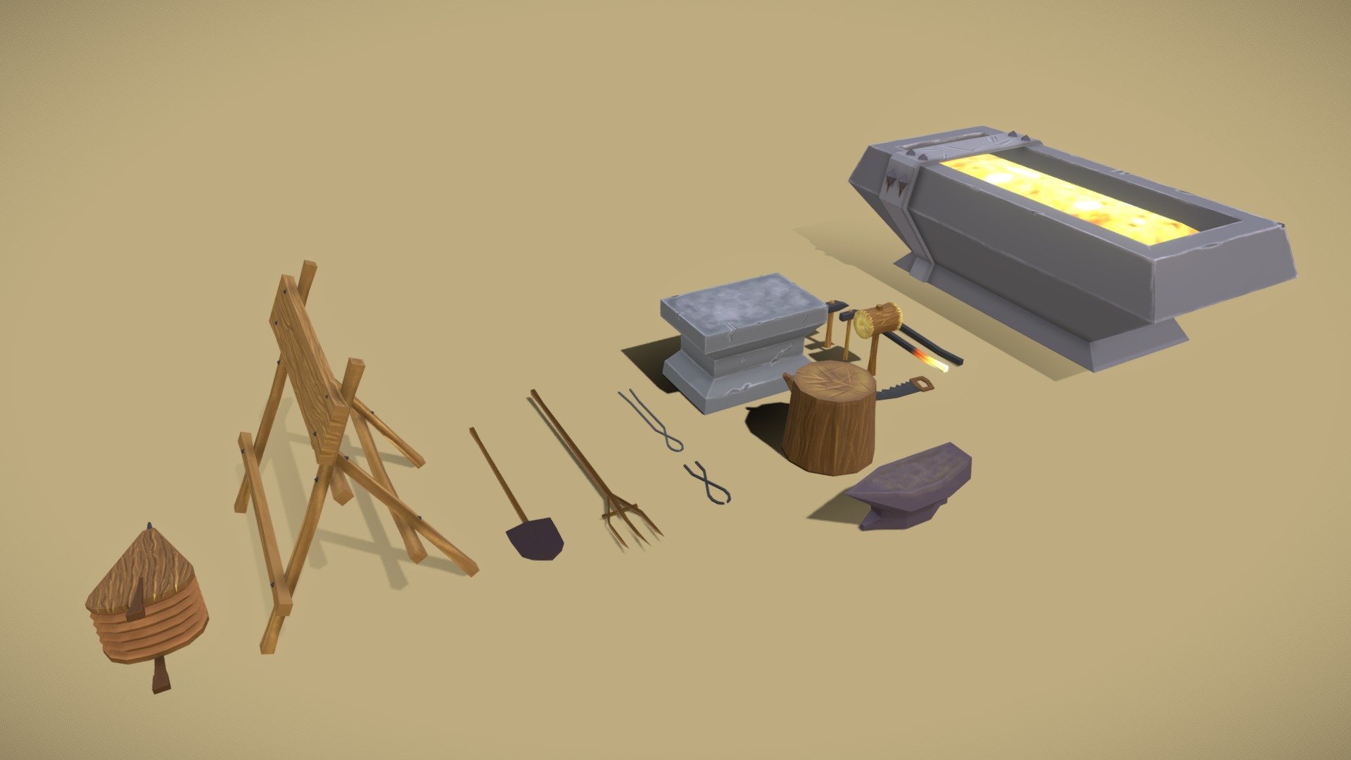 Another section of the Bandit Camp set. 1 more to go that will make the house, but that'll be just 3 wooden beams.

This was not particularly hard, but highlights were weak. I'm not sure how to proceed with them, probably 4k base texture and re-size smaller later on.. Anyway this is a set of Blacksmithing tools and stuff that will be around the blacksmithing shop. 
The forge looks like it hs hot cheesy pizza or lasagna in it 3d model