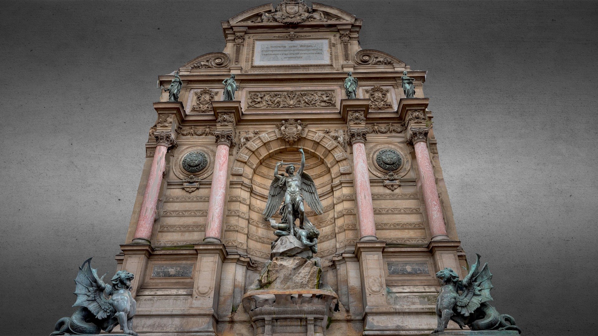 A quick (for the pictures part) and unplanned photogrammetry I made of the fontaine de Saint Michel, in Paris. 700 pictures.

Original textures (diffuse and normal) are 16k, downgraded to 8K on sketchfab.
Made in reality capture and lot of clean up in blender + manual painting of metalness map.
Scaled for VR sketchfab integration.

link to my 50+ collection of sculptures scans

4k render of the 16k model without metalness: 

 - Fontaine de Saint Michel - PBR - Download Free 3D model by 3Dystopia (@Dystopia) 3d model