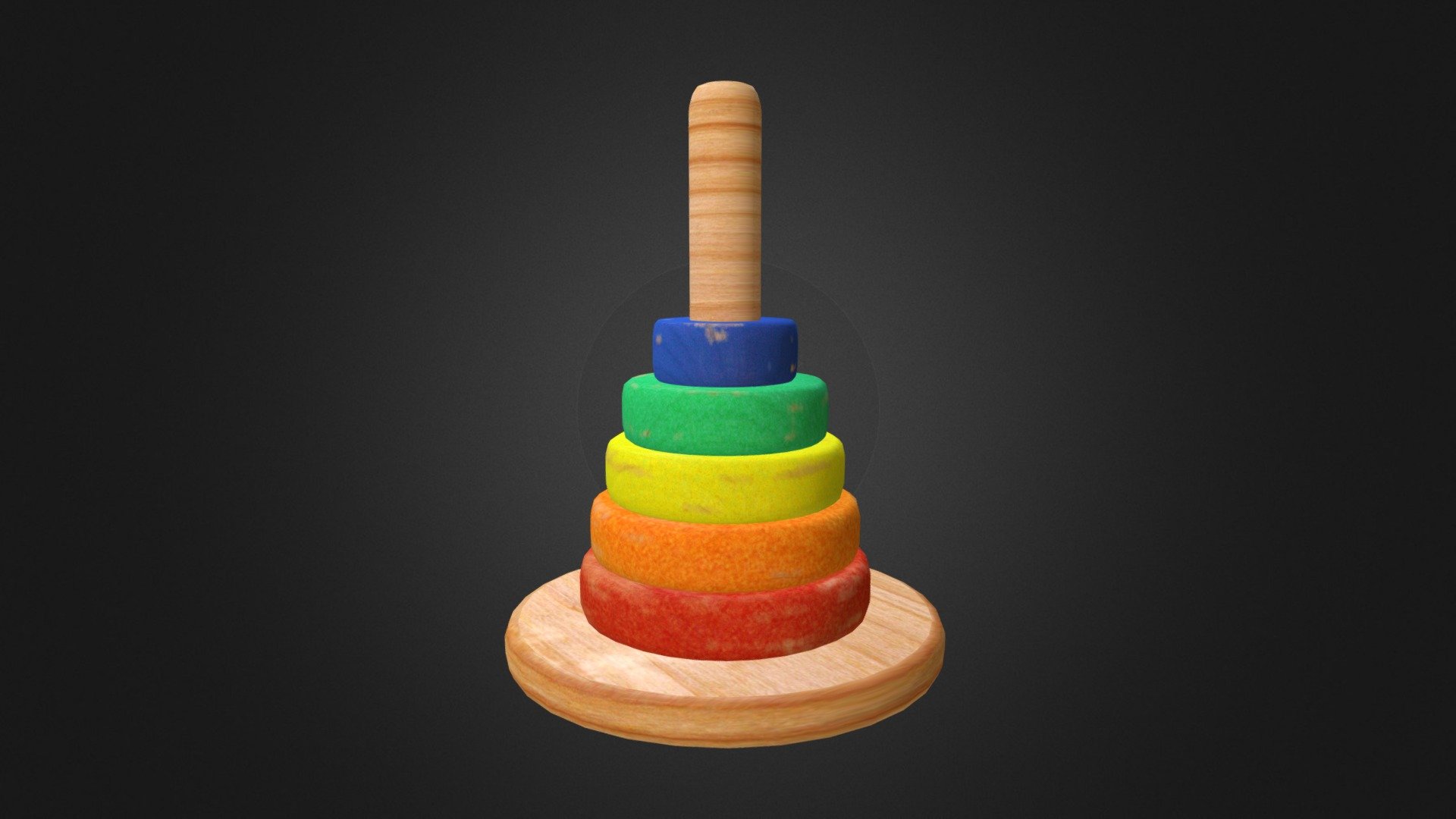 Purchase this model: -link removed-  A wooden stacking toy.   -The base and each piece has a texture; 6 textures in all 1600x1600 each.  -1440 faces in all.  -Clean topology.  -Material names are easily matched with the name of the texture images.  -Origin is at the center of the geometry of the model.  -Scaled to about 22 centimeters or 9 inches 3d model