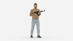 001504 man in a sweater with a machine gun style, people, clothes, miniatures, realistic, machine, sweater, character, 3dprint, model, man, human, gun, male