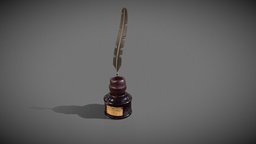 Ink bottle and quill pot, historic, household, studio, pen, desk, vintage, gameprop, ink, ready, literature, writing, feather, illustration, quill, classical, unrealengine, utensil, unwrapped, glass, game, 3d, art, pbr, model, design, gameasset, textured