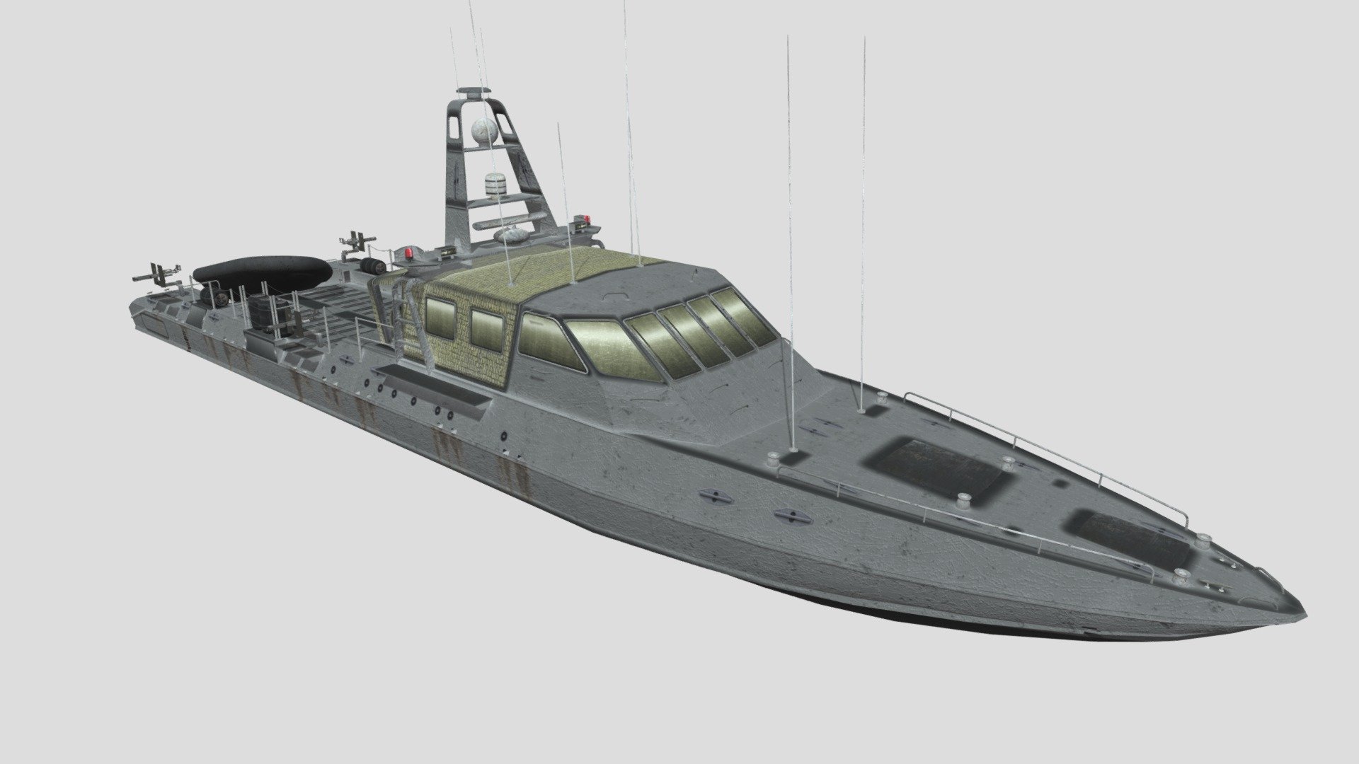 This model includes UVW Mapping using 2 textures (one boat, one detail) in 4K resolution. In addition there are 3 paint schemes for the boat which you can pick as desired (Grey, Grey Digi Camo, and Blue Digi Camo). The model contains many tris, but now with many more quads it is optimised and cleaned up for use in the gaming community. Natively built in C4D the model can be used in other formats that are provided to give a great effect.

The building UVW Map is included that allows you to draw your own textures if you desire.  Included formats with this model are:  FBX, 3DS, Blender, C4D, DAE, and OBJ 3d model