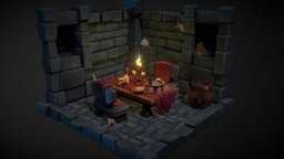 Dungeon Diorama castle, dungeon, arthur, painted, candle, table, diorama, fire, gimaldinov, webs, handpainted, blender, stone, animation, interior, hand
