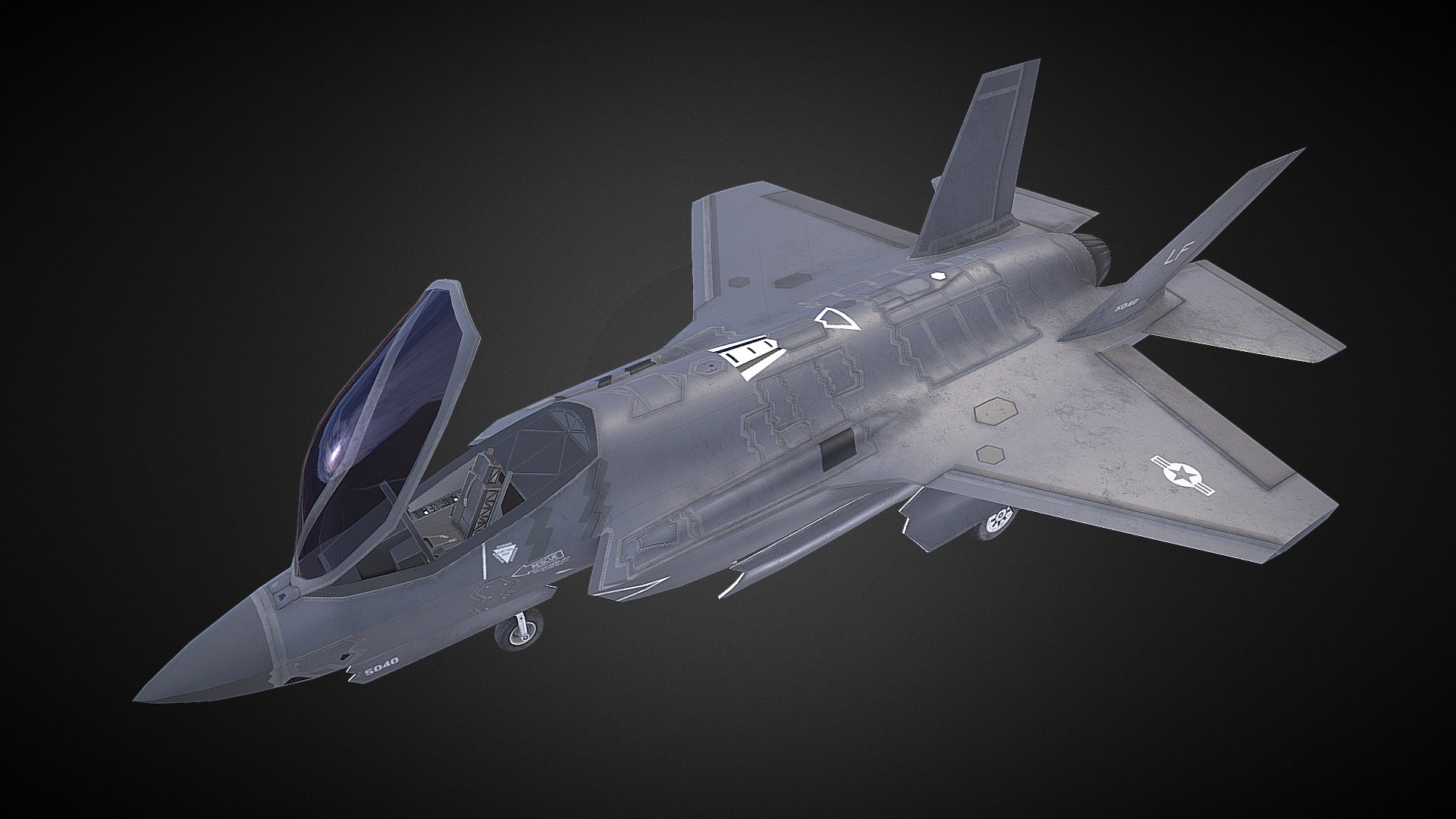 High Quality 3D model of F35A, accurate details

Can be used in games, simulations, visualizations

Low Poly model - 5855 polygons, 10476 triangles
All parts in 3d named

Textures:
Body 2048x2048 PNG
Interior 1024x1024 PNG

Alpha 1024x1024 PNG - F35 - Buy Royalty Free 3D model by Carbuni 3d model