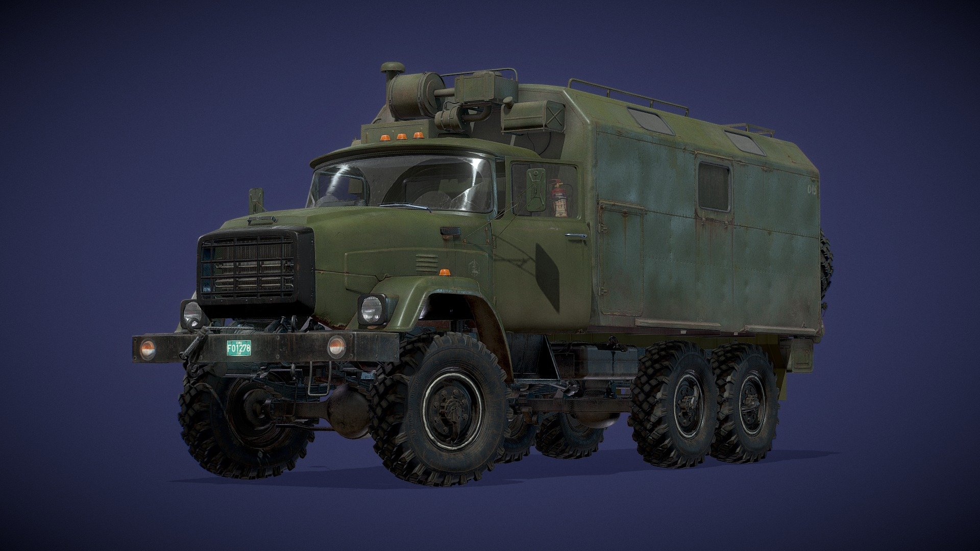 Russian inspired army truck, merging concepts of the famous ZIL-130 and the never-released ZIL-Э133ВЯТ. Made in Blender, sculpted in ZBrush, UVed in Rizom and textured in Substance Painter. Also, a huge shout out to PureRef that doesn’t get enough credit. Made the cab and interior using high-low baking workflow on top of weighted normals to allow for baking a sculpted HD mesh with dents and scuffs. The rest of the truck is using weighted normals only.

Very good quality interior, making it suitable for 1st person camera.

Game ready although the policount may not be the best for a background enviroment prop (unless you’re using Nanite).

The .blend file is included with the truck in its neutral possition, the tires undeformed and high resolution .tga textures. It is organized in collections containing the different truck parts to allow for easier creation and export of new interchangeable parts like Bumpers, Frame addons, tires, etc.

Ray traced full res renders: https://www.artstation.com/artwork/14kRNZ - DCB K-133BYAT (Unbranded) Utility Attachment - Buy Royalty Free 3D model by Axel Roman (@DeathCoreBoy1) 3d model