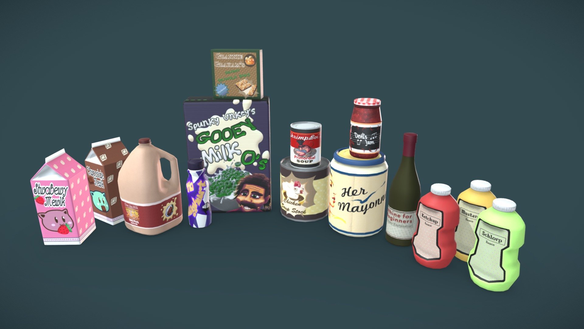 This are some of the products I developed for our Final Student Project Game at VFS.

Space Age: Minimum Wage is a 3D, first person cashier management game where you play as an employee of an intergalactic grocery store, and try to survive until the end of your very fist shift.

If you guys wanna give the game a try you can download and play for free from the VFS arcade:
http://community.vfs.com/arcade/game/space-ageminimum-wage/

As a team we came up with many ideas for making fun, wierd &amp; recognizable products for our Space Super Store. Then we made many 3D models keeping them low poly for performance optimizing but with separate textures to diminish aliasing issues.

I used Maya for 3D Modeling and UVing, Photoshop for drawing and photobashing fonts and visual assets and Substance Painter for Texturing 3d model
