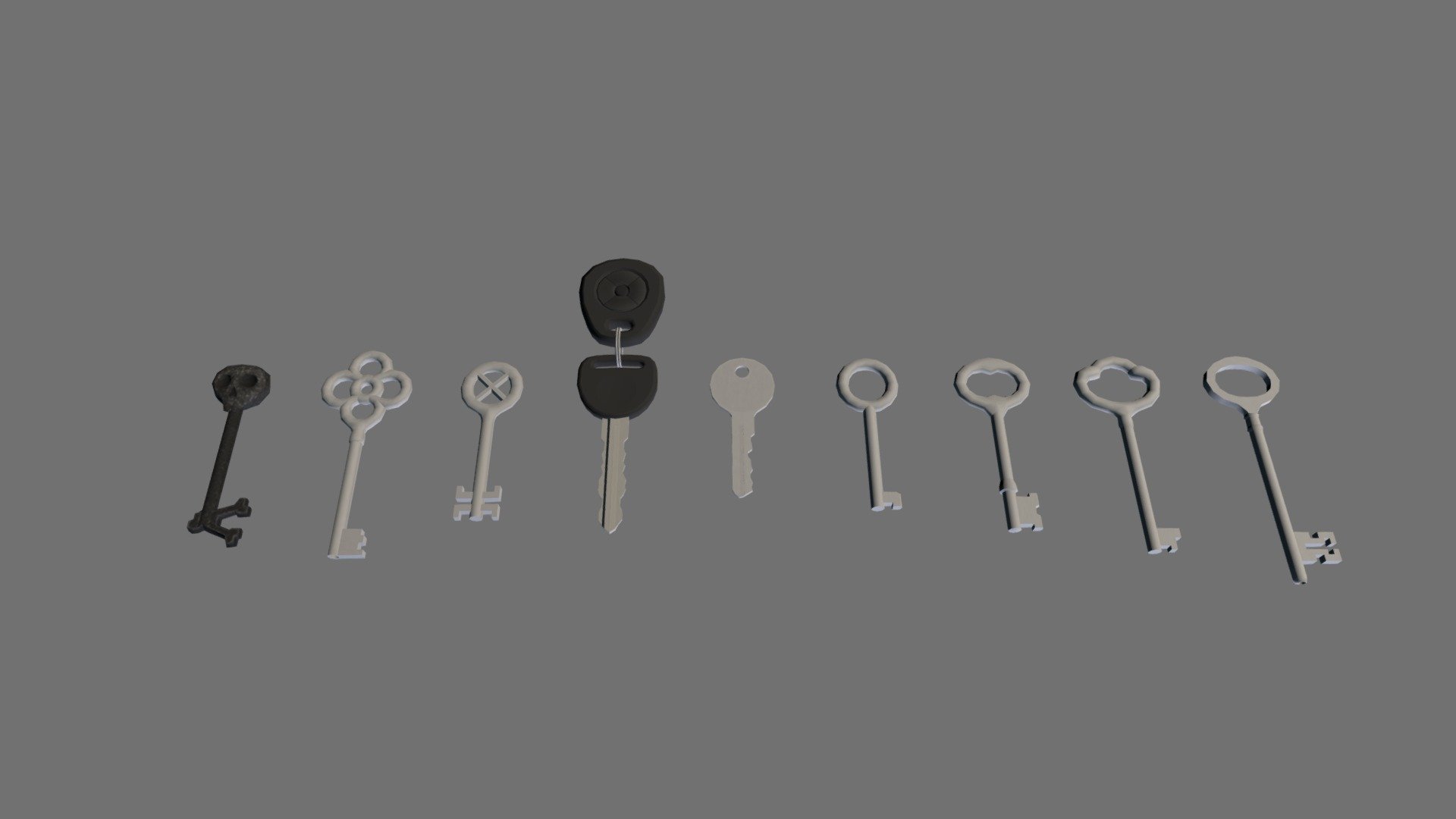 Almost every adventure game I have played involves finding keys to unlock the next area or special room. Here's 9 unique keys to help you.

Key name and triangle count
 Skull 446
Clover 924
X 516
Car with Fab 1522
House 376
Simple 354
BottleOpener 456
Crown 420
Church 424

They have been unwrapped and all of them fit one texture plane. Main texture applied. Except for the skull and car key they are all silver. I recommend creating a material in your game engine for Bronze, Silver and Gold 3d model