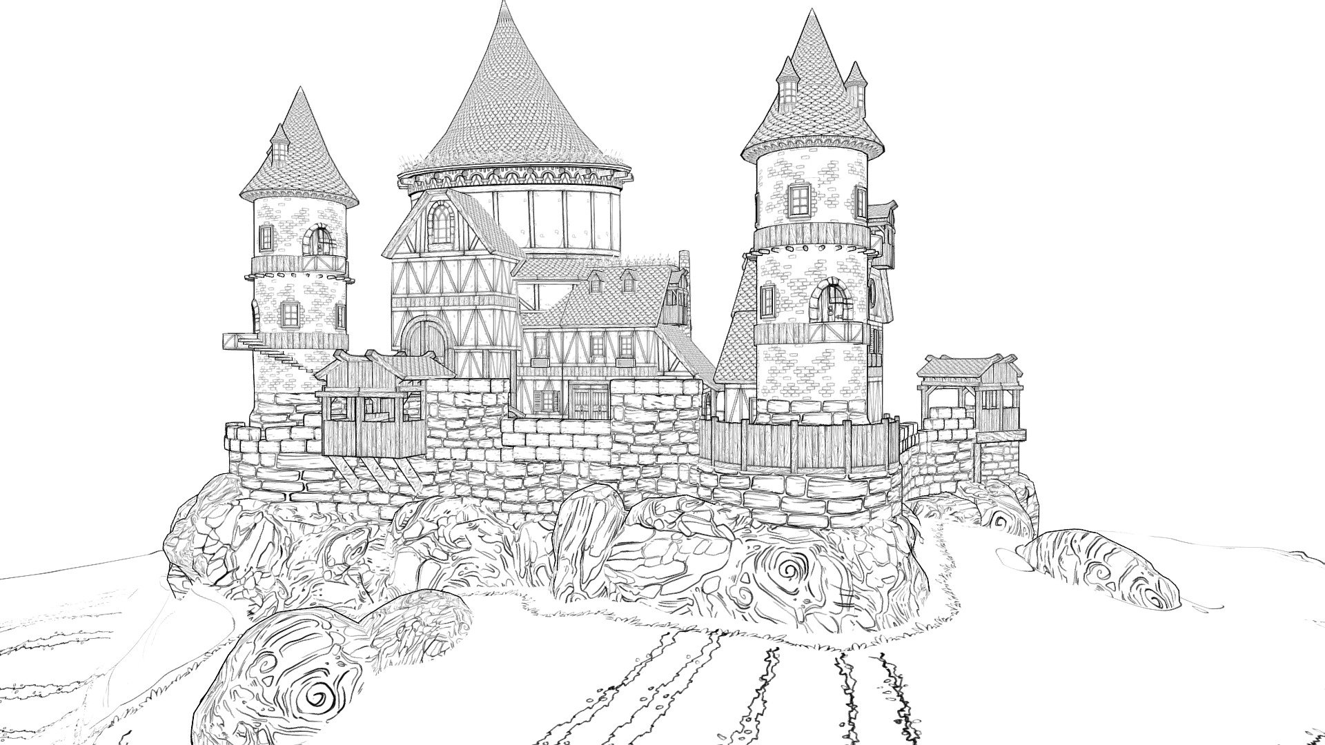 This is a Castle I made for a comic using 2D details.

Here you can see how I made the textures and how a model like this would be built for making comics.

If you purchase the model you will get the textures I used so you can disect them and see how you can create your own, you can also use the textures in your personal project 3d model