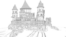2D Comic Book Castle landscape, castle, comic, scenery, 2d, lineart, texturedmodel, building