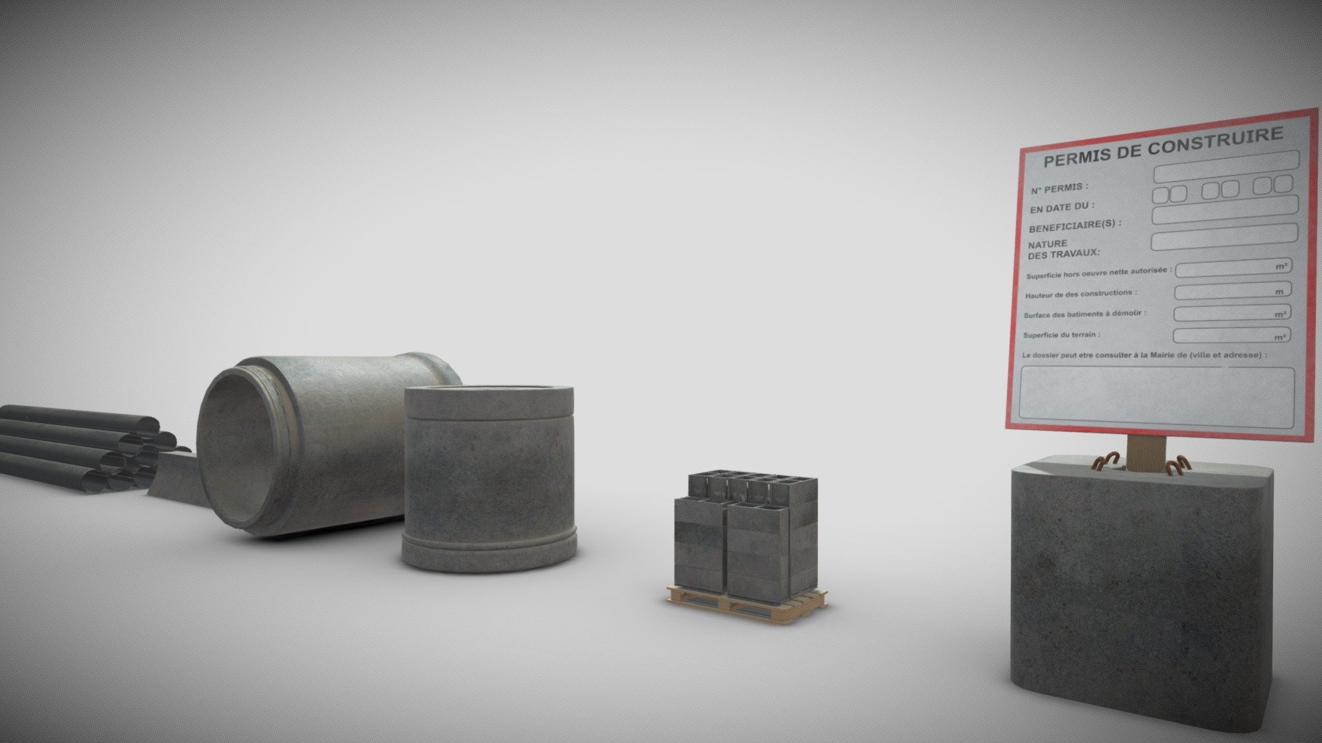 Pack containing 8 items :





1 drain pipes.




1 concrete barrier.




2 concrete pipes.




1 pallet with block.




1 construction panel with concrete block.




1 gutter CC1.




1 gutter CS1.



Make on blender Low poly bake with High poly Bake and textured on substance painter.
Optimise texture 4096 x 4096 on one uv map 3d model