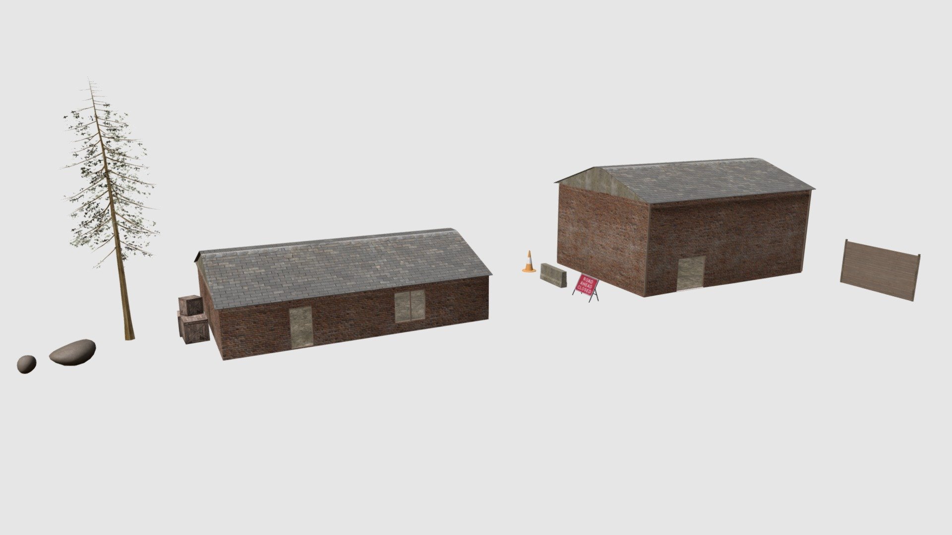 A zombie survival asset pack great for creating maps for survival games or FPS shooters. It also includes PBR textures.
Includes:





Two medium sized buildings one with an upper floor and staricase.




Large pine tree




Two rocks




a concrete road barrier




wooden crates




cone and traffic sign



To see the asset pack rendered click here ( file:///Users/liamkendall/Desktop/zombie%20asset%20pack%20texture.html ) - Zombie survival asset pack - Buy Royalty Free 3D model by Liam kendall (@Liam_3dmods) 3d model