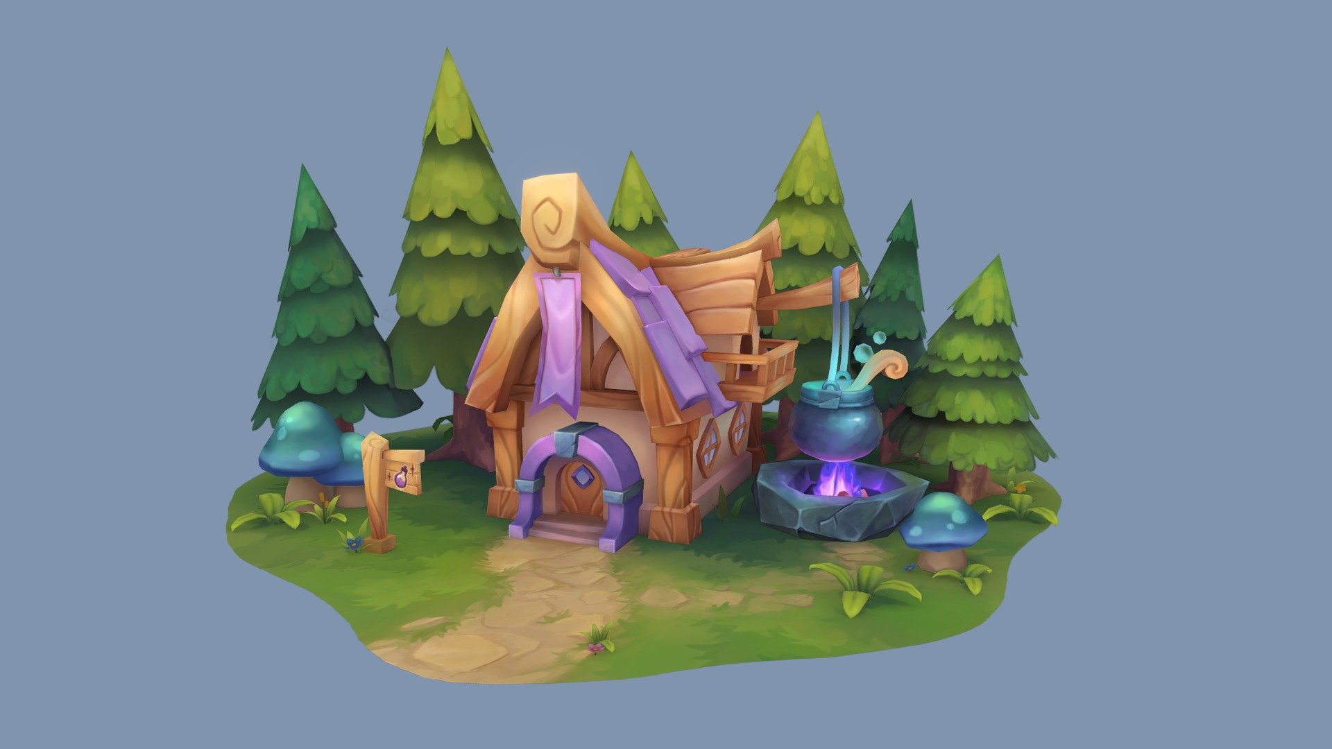 A little hand painted diorama of an alchemist's house that I did. I wanted to create a stylised and quirky home tucked away in a cosy little forest. Had a lot of fun texturing this piece and learnt a lot during the process. 

The design of the house is based off a concept of my own. 

Modeled in Blender then textured in 3DCoat and Photoshop 3d model