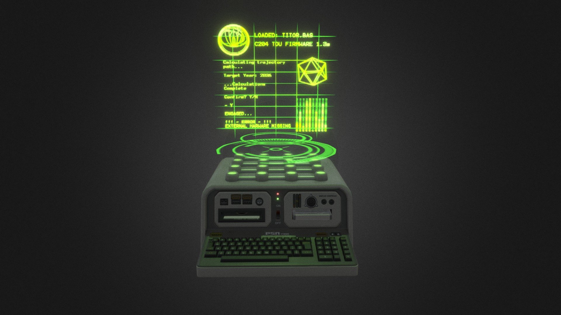 A sci-fi holographic computer I made that is loosely based off the IBM 5100. Originally created for Second Life, shown here in Metalness PBR. Textured in Quixel Suite and Photoshop, modeled in Blender with the HardOps plugin.

The hologram is static for now, it normally has an animation (in other engines) but I am still trying to figure out a good way to have both a smooth interpolated rotation of the rings on the bottom and a hard transition of frames on the main screen (only way I can currently think of is to use the frame-by-frame method here but that would require way too much mesh data for smooth rotation). I may upload an animated version later 3d model