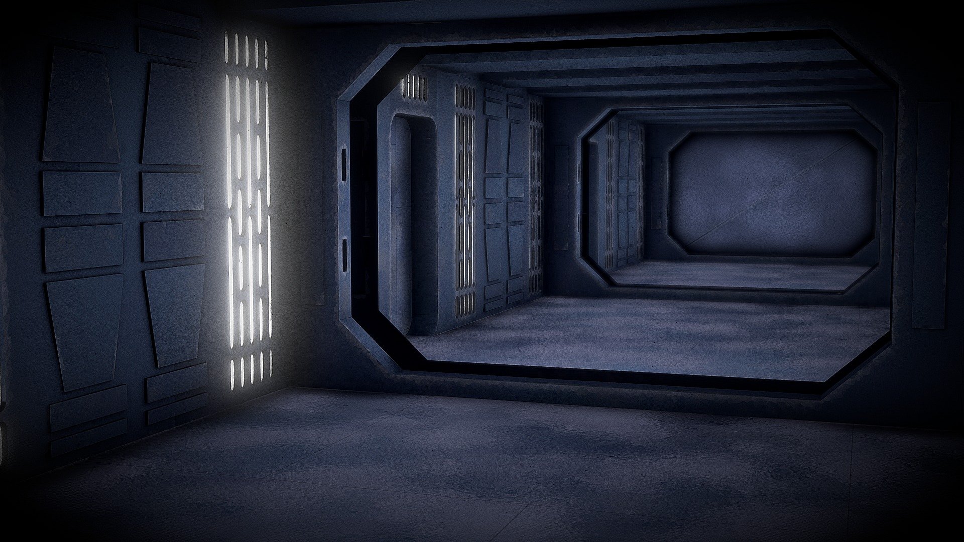 Hallway modeled after those found aboard Republic and later Imperial ships in the STAR WARS galaxy. Notably, these hallways follow a consistent design aesthetic featuring lights in the walls, notched in a standardized pattern, and blast door cutouts 3d model