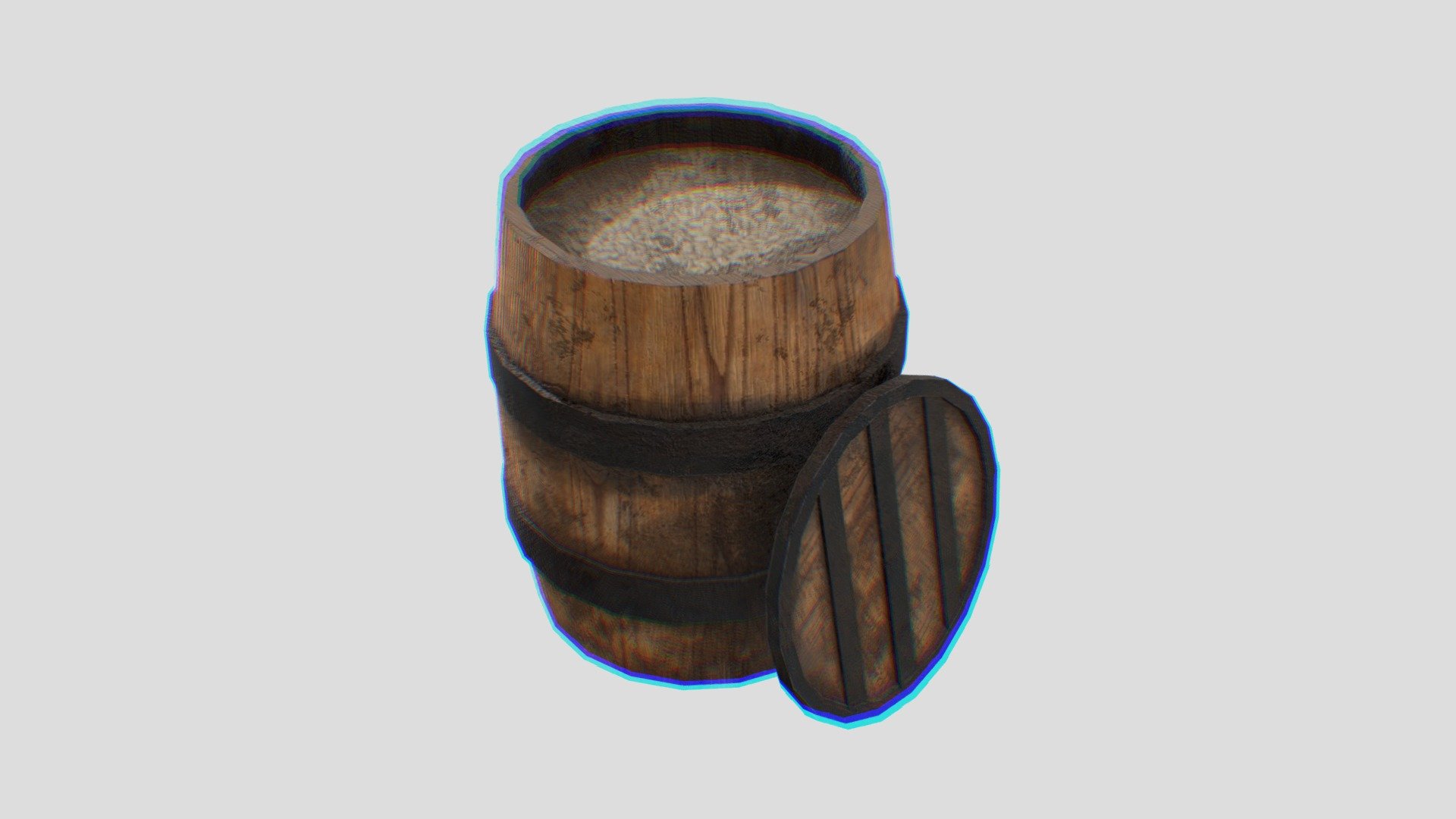 An abandoned barrel of grain, finally opened after being discovered within a ship wreckage along the ocean floor. The wood, intaking extensive amount of water, as well as the metal rusting overtime, the water had seeped into the grain. Now left stranded on a beach as food for the local bird population 3d model