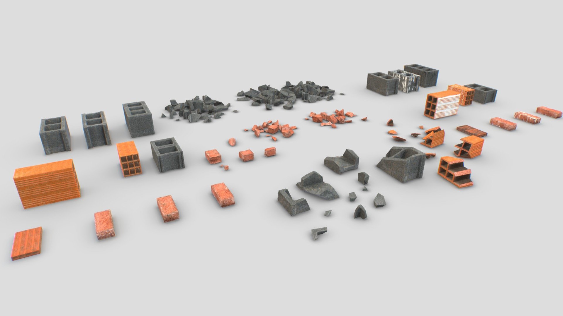 Pack of bricks and debris . Realistic scale. Includes 42 objects, 10 bricks, 4 piles of debris and 28 broken brick pieces.

Each object comes with 2 texture sets (materials) for a total of 84 different objects and 2 materials. Each mesh use 1 material only.

PBR 4096x PBR textures including Albedo, Normal, Metalness, Roughness and AO. Unreal ARM mask texture included (ao, rough, metal). Also unity HDRP mask included.

4k verts and 12k tris in total 3d model