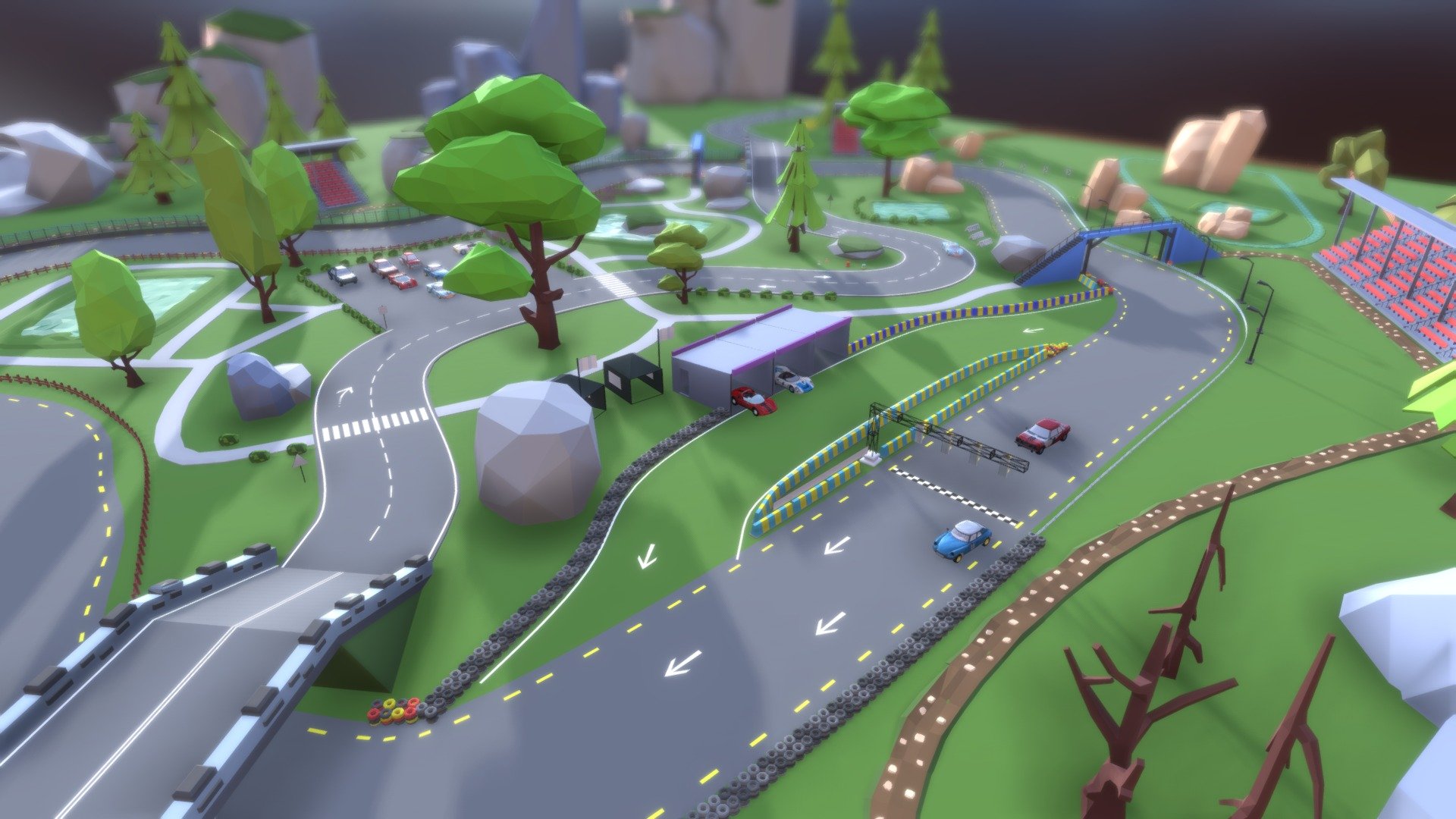 A model of the race track . Everything made in the 2.8 blender. The car models are from the Vintage Racing Cars Pack 3d model
