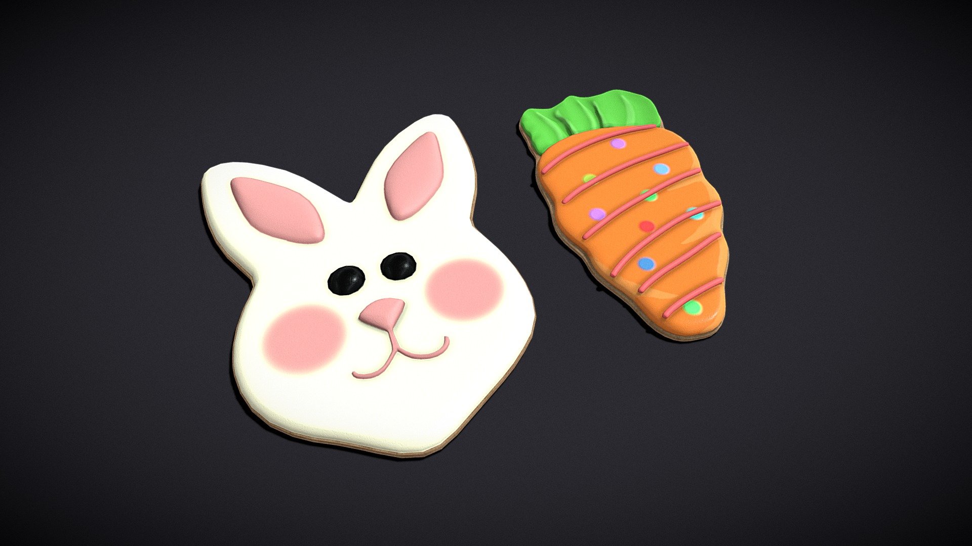 Bunny and Carrot Cookie 
VR / AR / Low-poly
PBR approved
Geometry Polygon mesh
Polygons 5,253
Vertices 5,096
Textures 4K PNG - Bunny and Carrot Cookie - Buy Royalty Free 3D model by GetDeadEntertainment 3d model