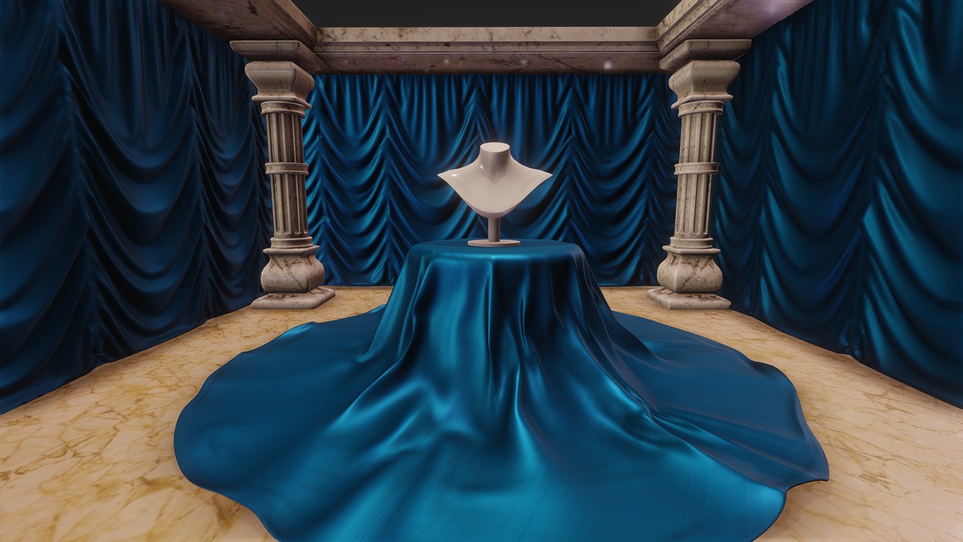 An exquisite showcase environment to stage your Jewelry items such as neclaces and rings.  Use the bust area for neclaces and the area around it to place additional items 3d model