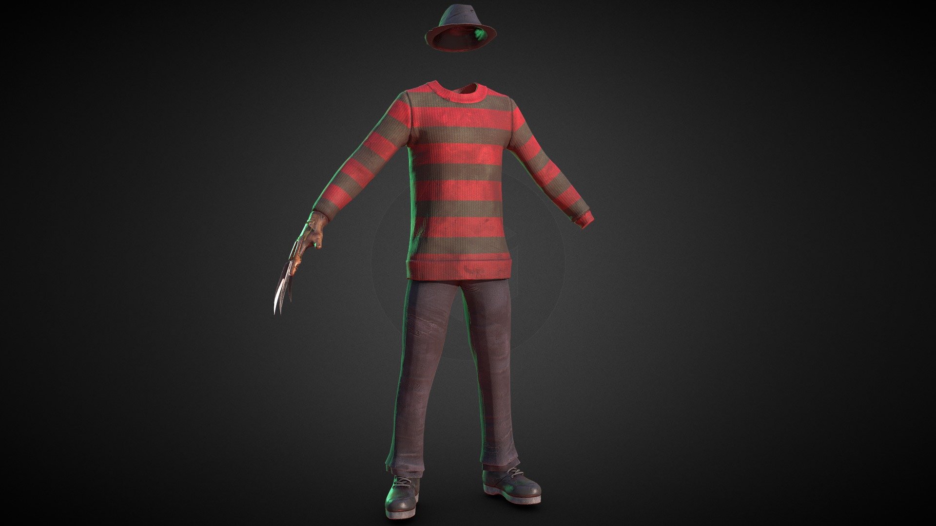 Note: If you purchased this set, you can have the individual claw set here:https://skfb.ly/o7wRD for free, just message me about it.

4K texture with 2 sets of UVs, the claw's UV are redistributed into one of the set. mb. files are included.

The Halloween theme continues!

The freddy costume is now done, I'll put a face on it on the next one.

I didn't include the hand and the face just so if people want to they can insert their own characters.
The shoe straps and most detail are intentionally put in- which you wouldn't do to a game characters; and can be easily modified.

Again, if you purchase this version and want the singular glove model feel free to message me.

2021/10/19 - Halloween_Freddy's Costume Set - Buy Royalty Free 3D model by Armored Interactive (@ychiang6) 3d model